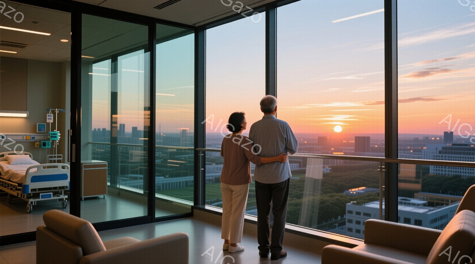 高層ビルの窓辺に立つ老夫婦が、夕焼けの街並みを眺めている。夫はシャツにズボン、妻は明るい色のトップスにパンツ姿で、互いに寄り添い、穏やかな表情をしている。窓の外には、夕日に照らされた街並みと、遠くの自 - AI生成フリー素材