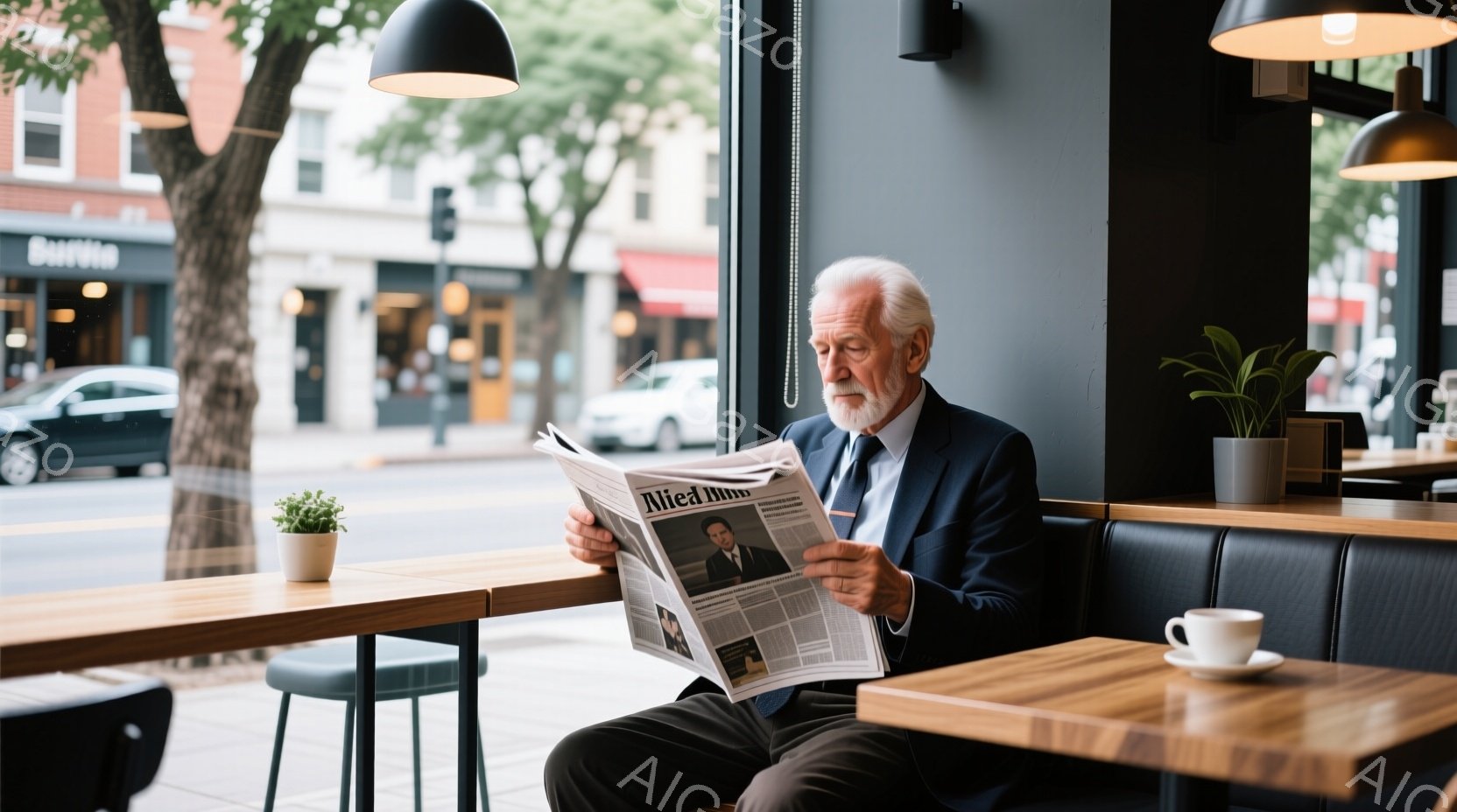 白髪の高齢男性が、窓際のカフェで新聞を読んでいます。彼はダークブルーのスーツにグレーのネクタイを着用し、姿勢はリラックスしています。背景には、建物や木々が見え、外は晴天で、カフェはモダンで落ち着いた雰 - AI生成フリー素材