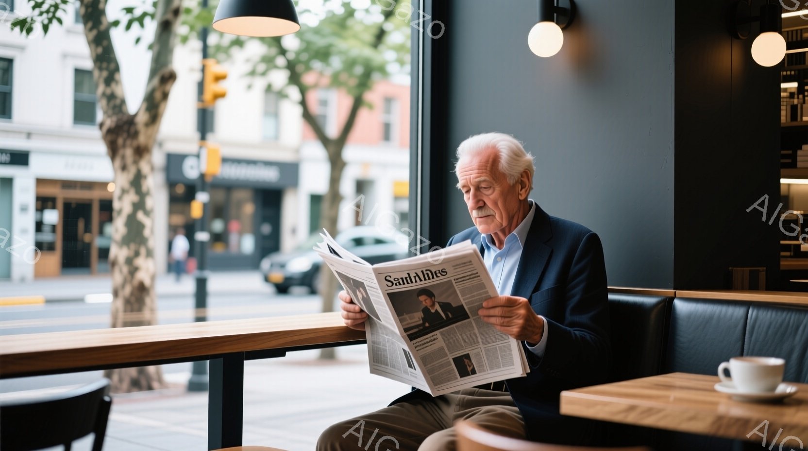 白髪で少ししわがれた顔をした老紳士が、窓際の席で新聞を読んでいます。紺色のスーツに白いシャツを着ており、リラックスした姿勢で椅子に深く腰掛けています。背景には、街並みと緑の木々が見え、晴れた日の穏やか - AI生成フリー素材