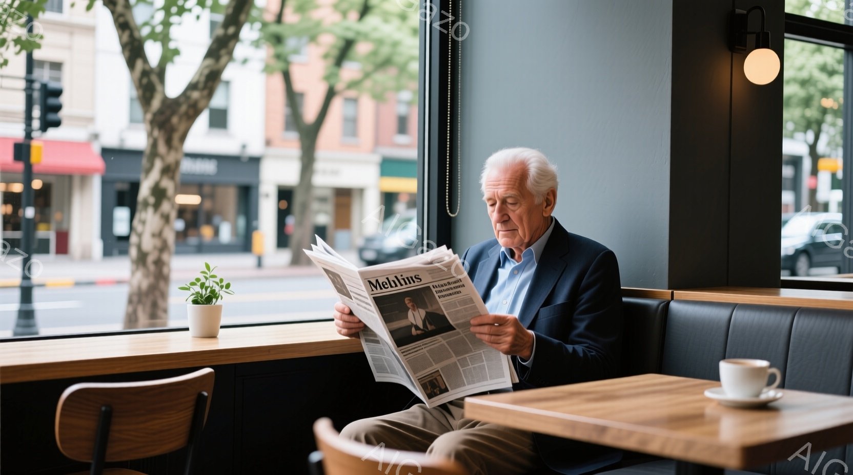 白髪で少し皺の寄った老人が、窓際の席で新聞を読んでいます。紺色のジャケットと水色のシャツを着ており、落ち着いた表情で新聞に集中しています。背景には、緑豊かな木々や建物が見え、晴れた日の穏やかな午後のような雰囲気が漂っています。