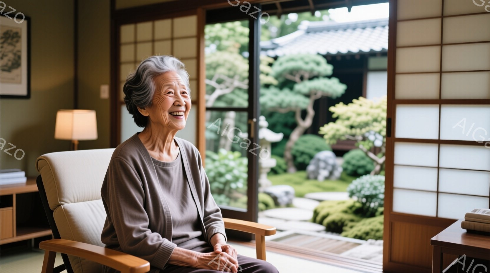 白髪で穏やかな笑顔を浮かべる老婦人が、明るい色の椅子に座っています。彼女はグレーのセーターを着ており、背景には緑豊かな日本庭園が広がり、障子窓から柔らかな光が差し込んでいます。庭園には石灯籠や手入れの - AI生成フリー素材