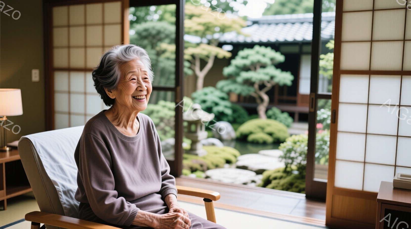 白髪の女性が、明るい茶色のセーターを着て椅子に座り、穏やかに微笑んでいます。彼女の表情は優しく、リラックスした様子が伺えます。背景には、緑豊かな日本庭園が広がり、石や苔、手入れの行き届いた木々が美しい - AI生成フリー素材