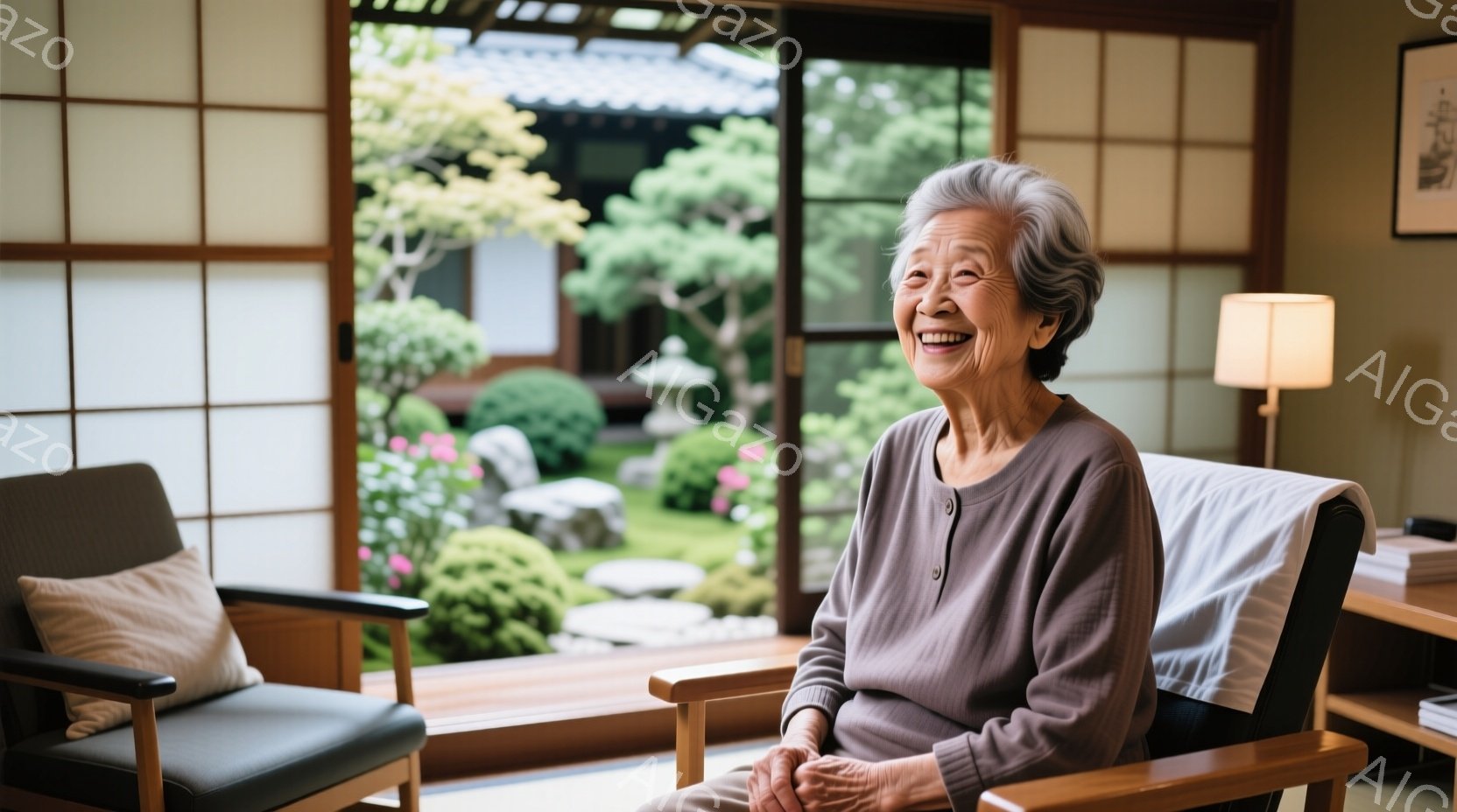 白髪の女性が、明るい茶色のセーターを着て、温かい笑顔を浮かべています。彼女は椅子に座り、両手を膝の上で組み、リラックスした姿勢です。背景には、美しい日本庭園が広がり、緑豊かな木々や石灯籠が見え、晴れた - AI生成フリー素材