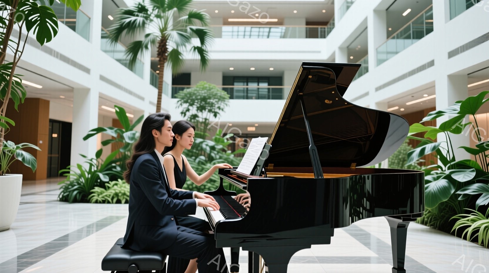 ピアノの前に座っている二人の女性が写っています。黒いフォーマルな服装で、髪は後ろでまとめています。背景には緑豊かな植物が生い茂り、近代的な建物がそびえ立っており、穏やかで洗練された雰囲気が漂っています - AI生成フリー素材