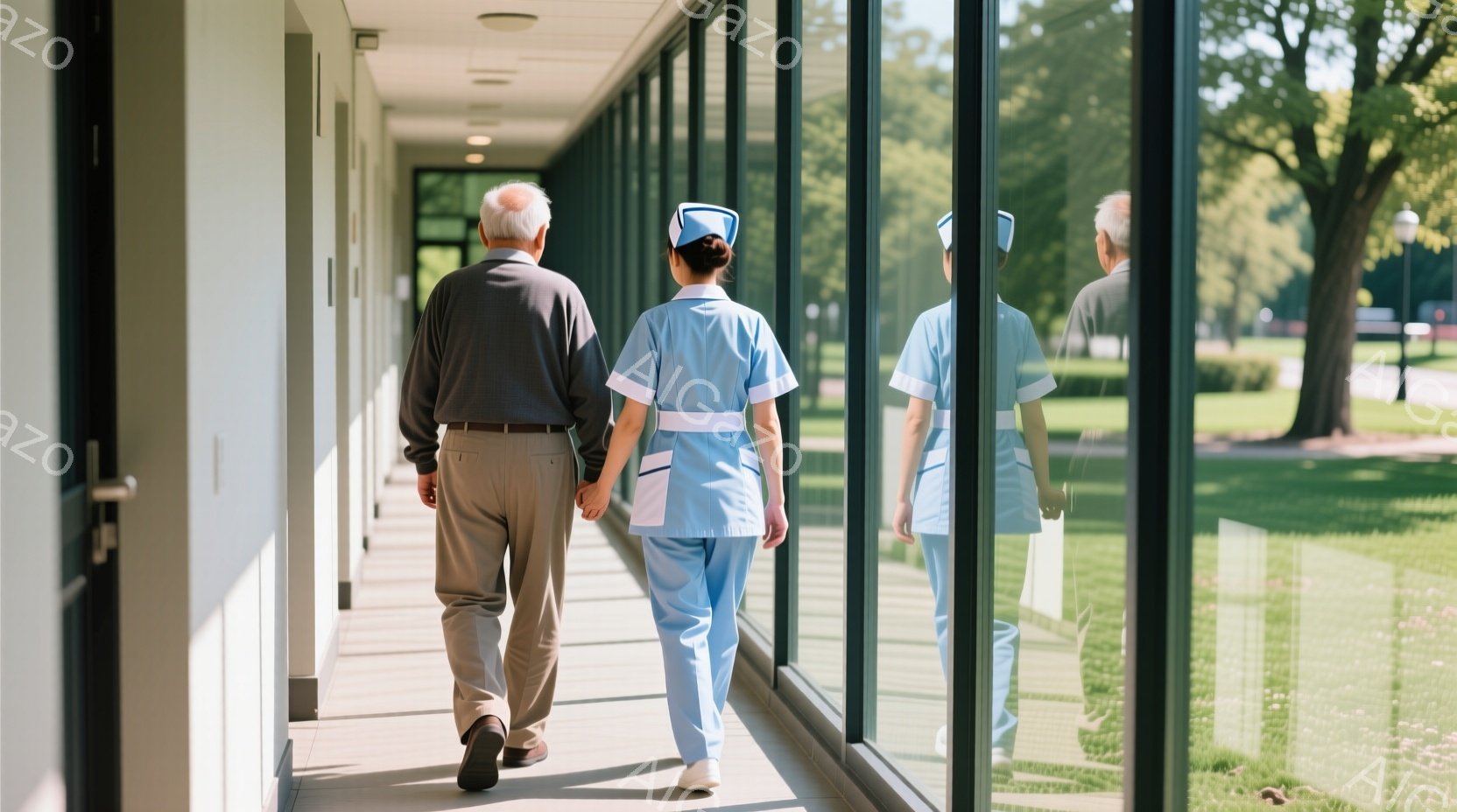 老人と看護師が、屋外の通路を歩いている。老人はハンドバッグを持ち、細身であり、白髪が伺える。看護師は正式な帽子をつけ、手当たりの優しさを示す表情をしている。通路は映像が重なったようなレンズフレームによ - AI生成フリー素材
