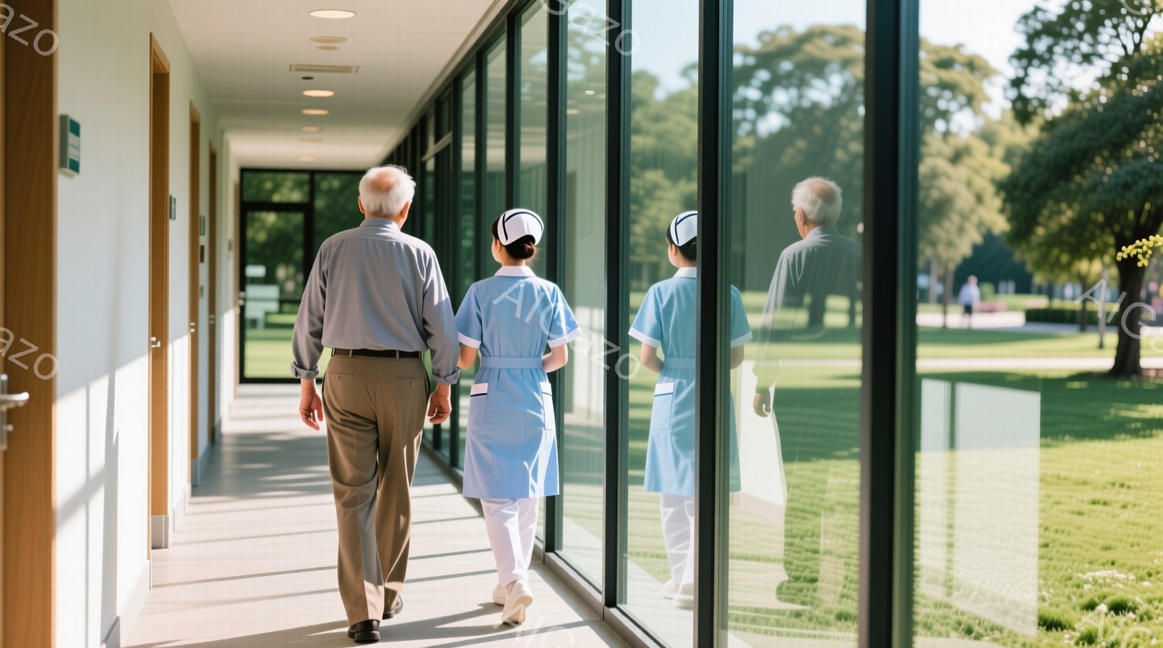 白髪の男性が、水色の制服を着た女性看護師に先導されて廊下を歩いている。廊下は大きな窓で囲まれ、緑豊かな庭園が見える。全体的に清潔感があり、穏やかな雰囲気が漂う。 - AI生成フリー素材