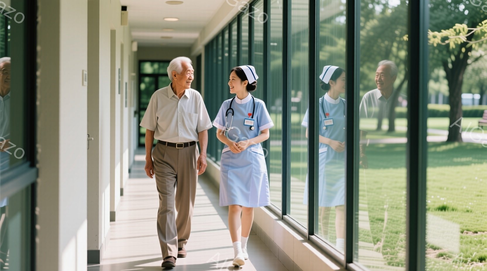 白髪の男性がベージュ色のズボンと白いシャツを着て、廊下を歩いています。看護師の女性は、水色のワンピースと白い靴下、首に聴診器をかけて笑顔で男性と並んで歩いています。背景には大きな窓があり、緑豊かな庭園と晴れた空が見え、穏やかで明るい雰囲気が漂っています。