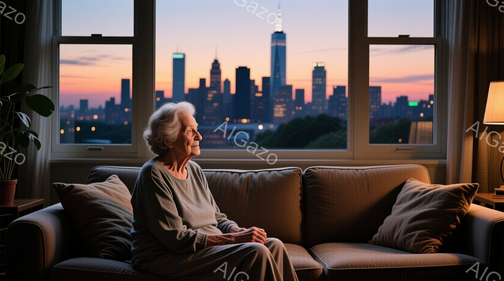 白髪の老婦人が、窓から見える夕焼けのニューヨークの街並みを眺めている。彼女はグレーのセーターを着ており、穏やかで少し物憂げな表情をしている。背景には、高層ビル群と木々が見え、夕焼け空が暖かく、静かで瞑想的な雰囲気を醸し出している。