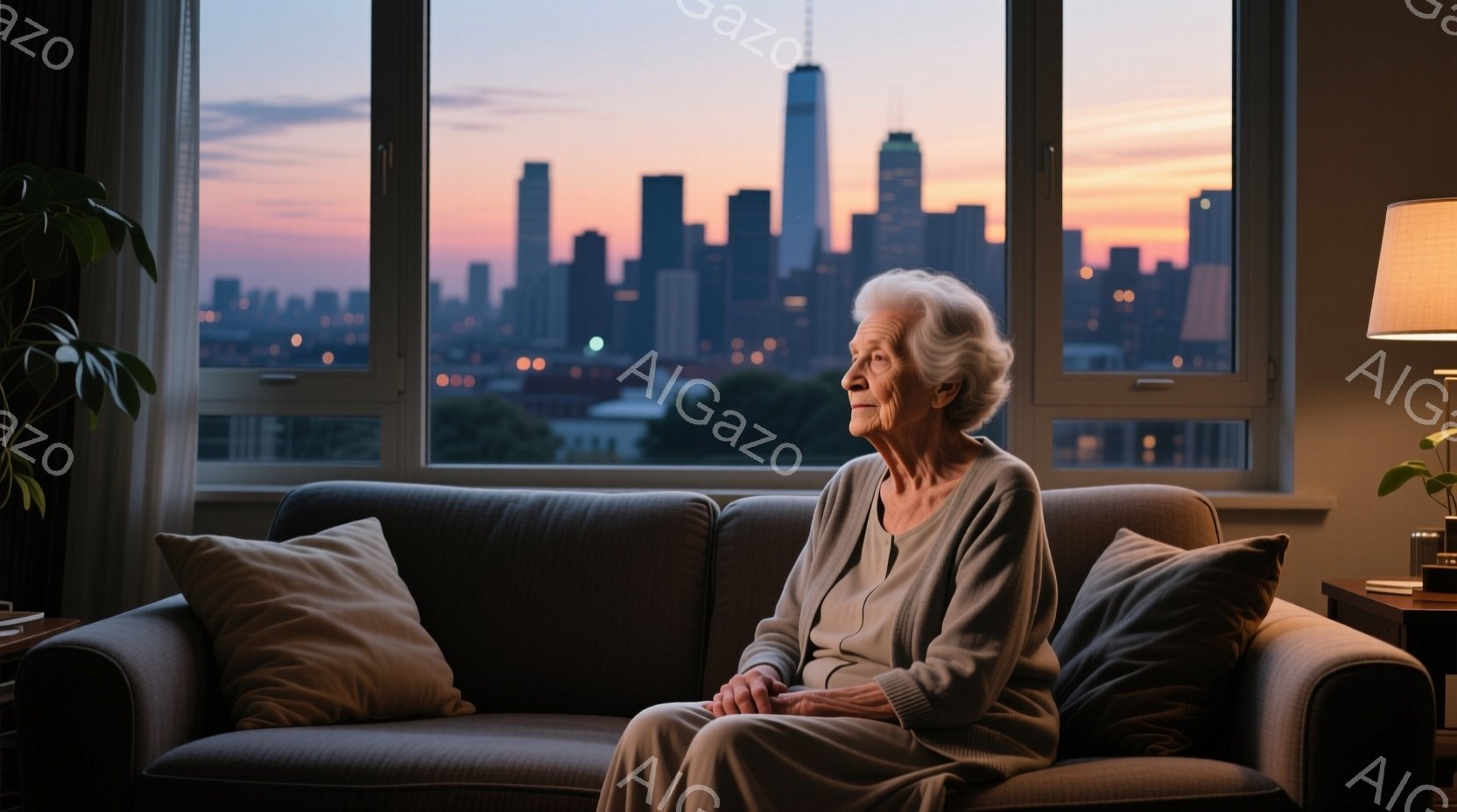 白髪の老婦人が、落ち着いた色のソファに座り、遠くの都市を見つめている。彼女はグレーのセーターを着ており、表情は穏やかで少し物憂げだ。背景には、夕焼けに照らされた摩天楼と、緑豊かな自然が広がっており、静かで郷愁を感じさせる雰囲気だ。