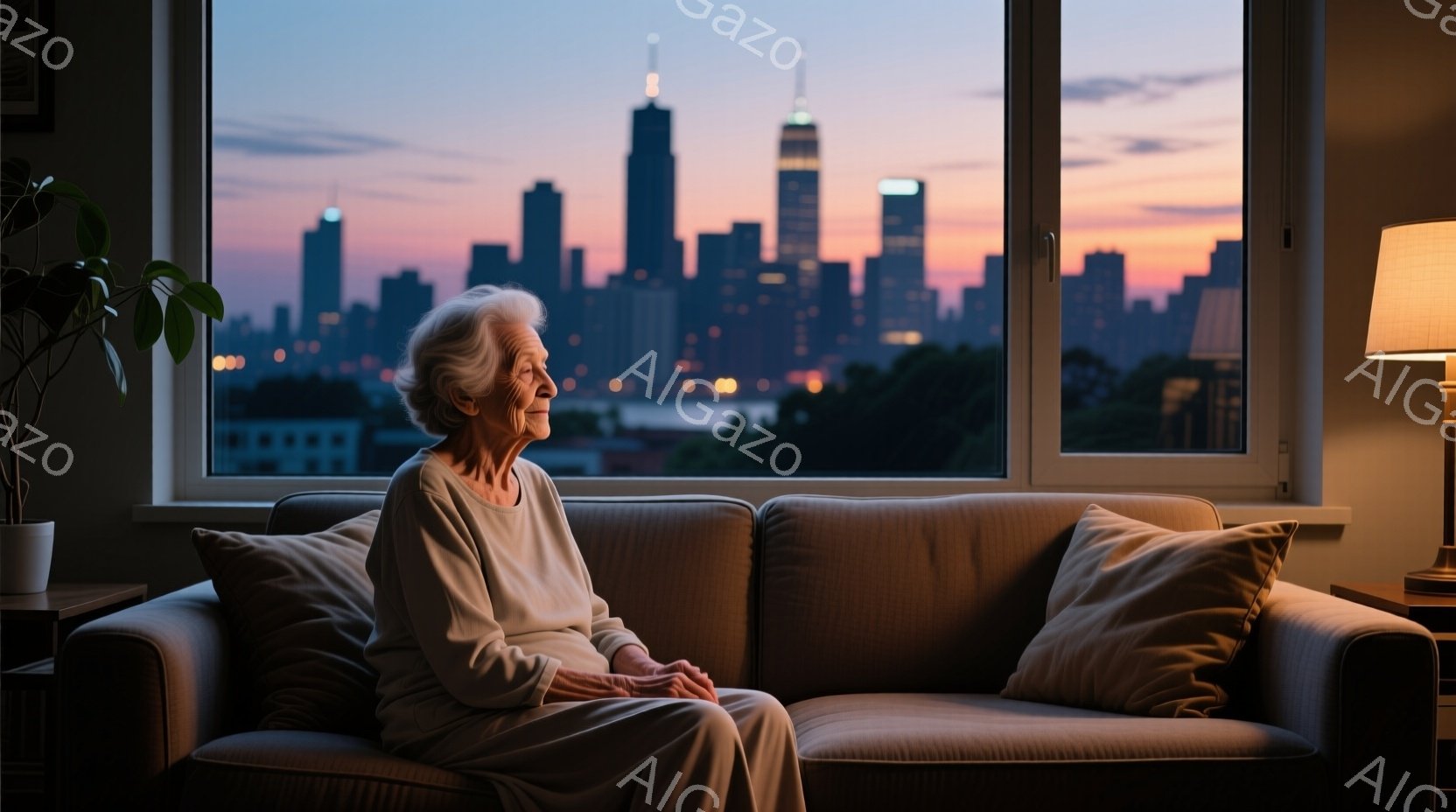 白髪の女性が窓際のソファに座り、ニューヨークの夜景を見つめている。彼女は薄いグレーのセーターを着ており、穏やかで少し寂しげな表情をしている。背景には、夕焼けに照らされた高層ビル群が広がり、静かで物思い - AI生成フリー素材