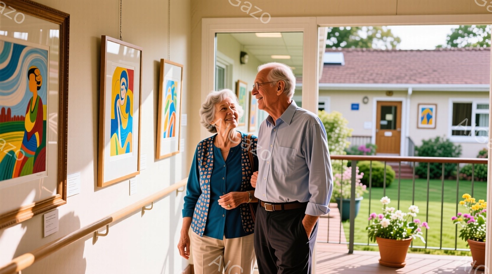 廊下の壁に飾られた絵画を、高齢の夫婦が鑑賞している様子が写っている。女性はターコイズブルーの模様が入ったブラウスとベージュのズボンを着用し、ショートヘアで穏やかな笑顔を浮かべている。男性は白いシャツに - AI生成フリー素材