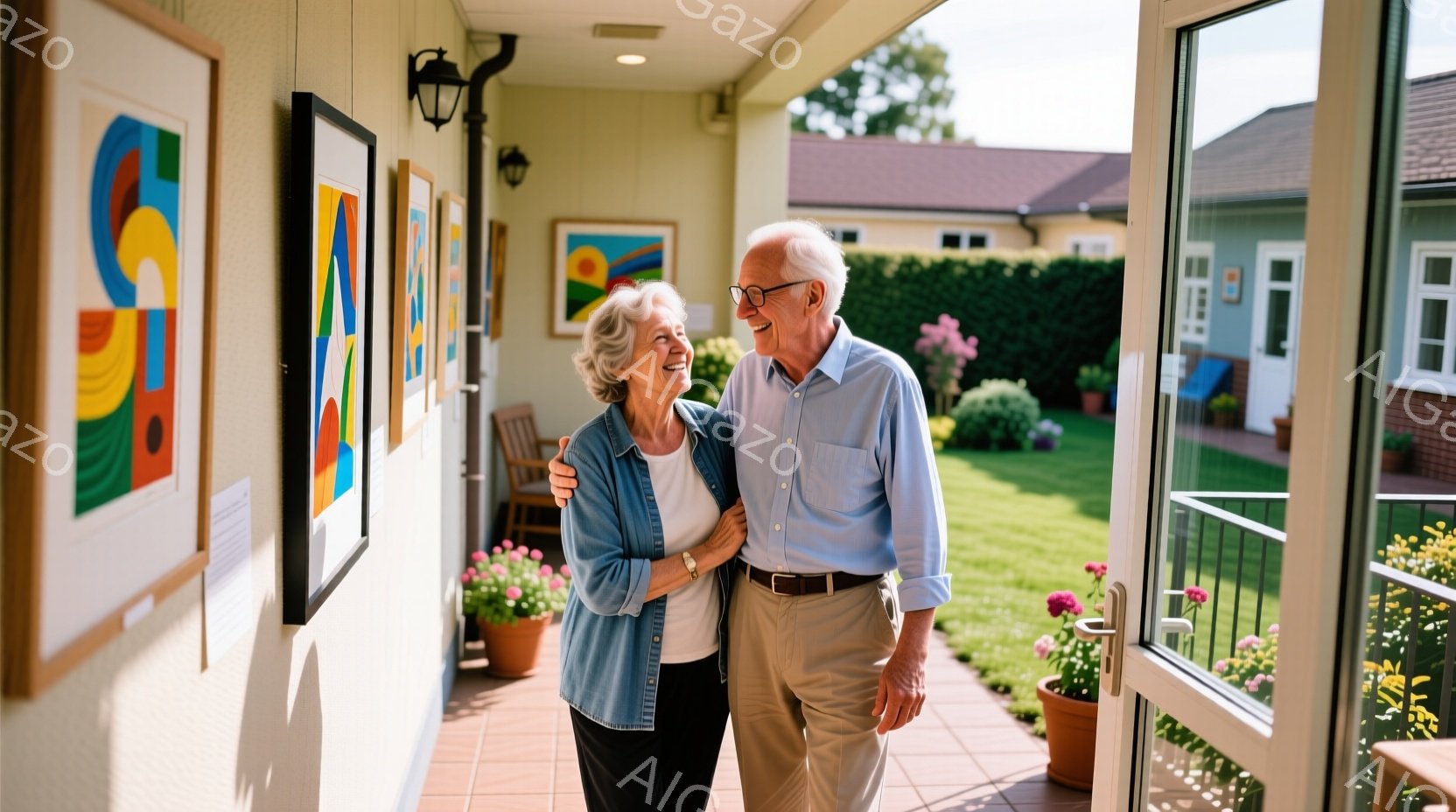 年配の夫婦が、明るい廊下を並んで歩いている様子が写っている。女性はブルーのカーディガンに黒いズボン、男性はライトブルーのシャツにベージュのズボンを着用し、互いに肩を組んで微笑んでいる。背景には、カラフルな絵画が飾られた壁、緑豊かな庭、そして晴れた青空が広がり、穏やかで幸福な雰囲気が漂っている。