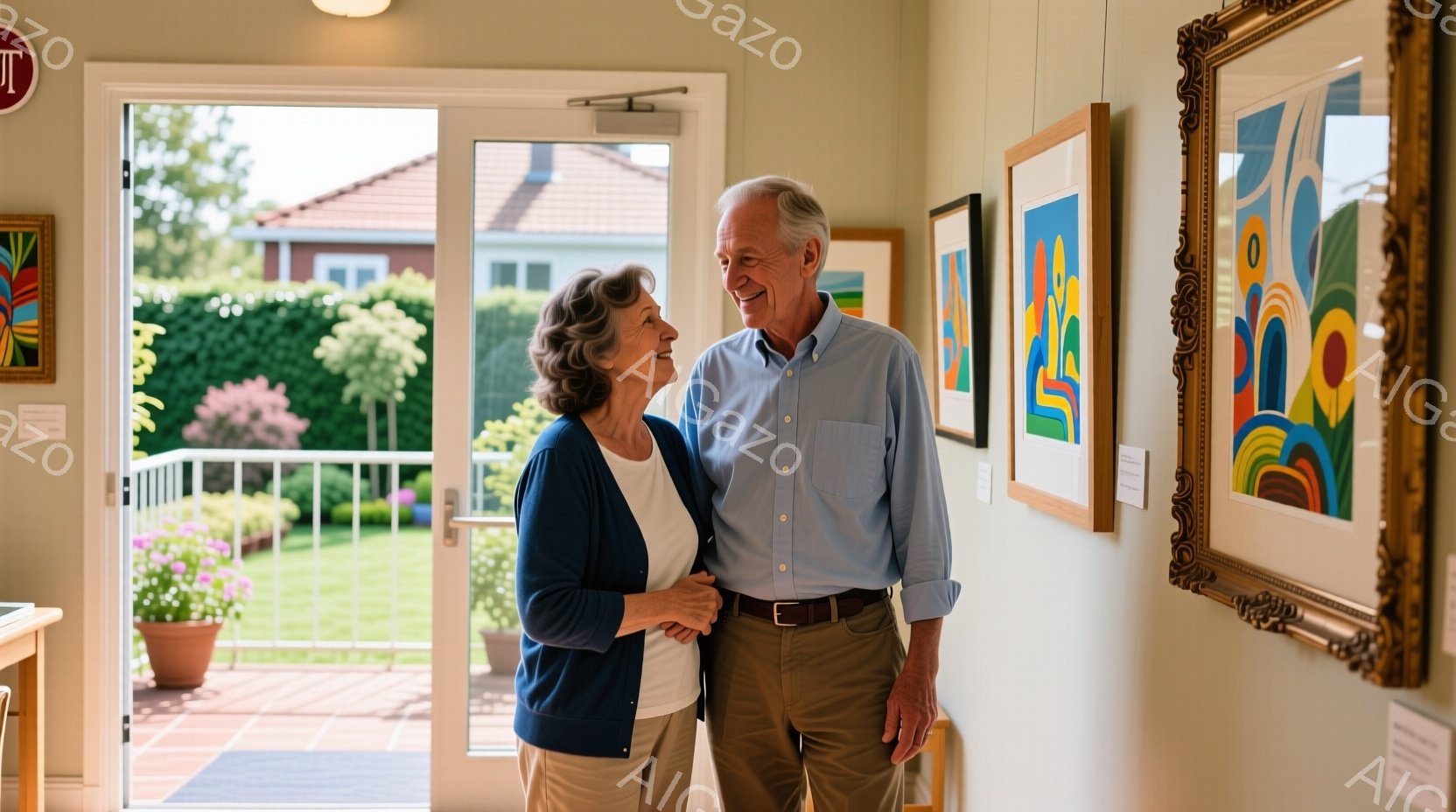 白髪の老夫婦が、明るいギャラリーのような空間で寄り添い合って立っている。女性は紺色のカーディガンを着ており、男性は水色のシャツにベージュ色のズボンを着用し、二人とも微笑んでいる。背景には、庭の緑や花々が見える開放的な空間で、絵画が飾られた壁が部屋の雰囲気を明るくしている。