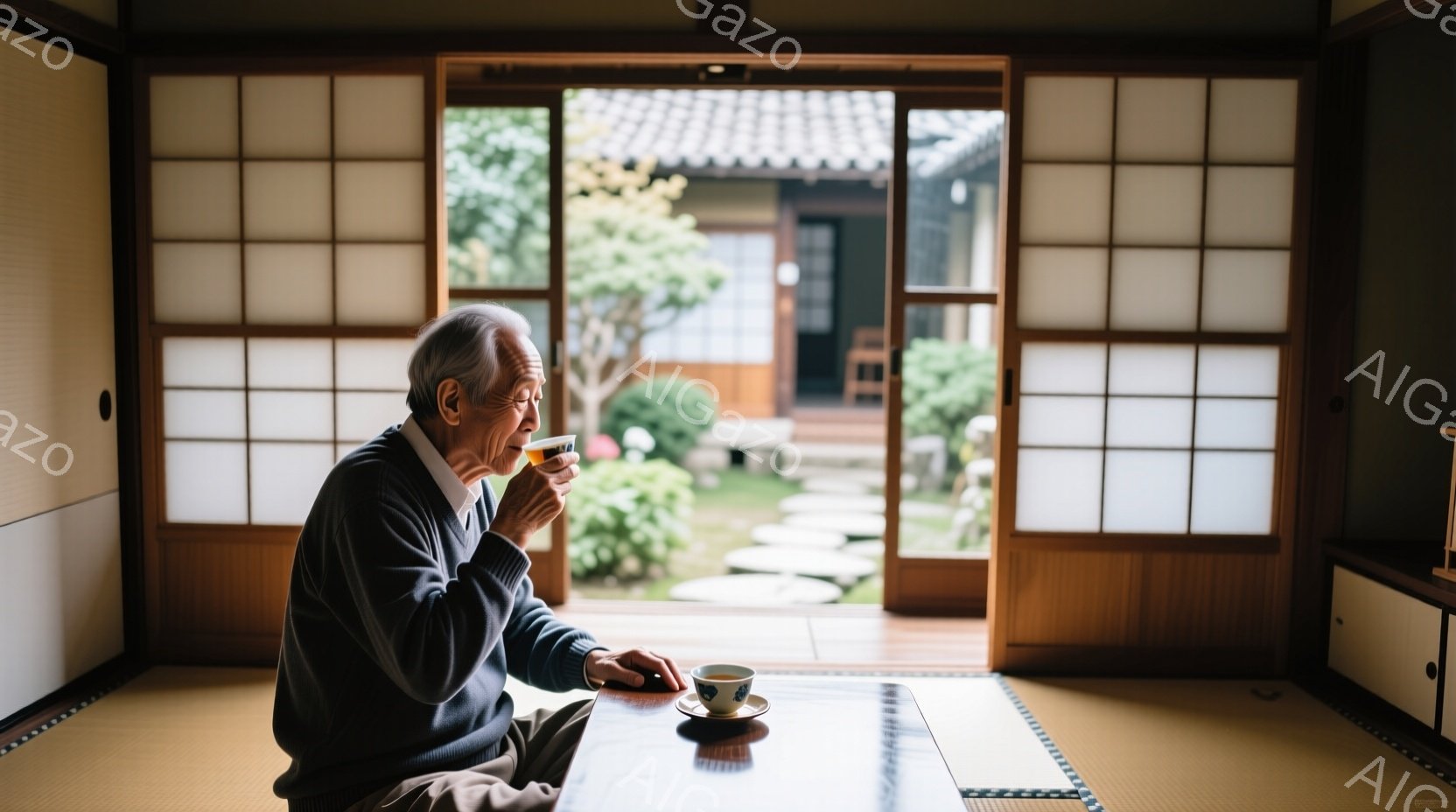 白髪の高齢男性が、畳の上に座り、湯呑みを手にしている。彼は紺色のセーターを着ており、顔は湯呑みを見つめているため、表情ははっきりとは見えないが、穏やかな雰囲気を感じさせる。背景には障子戸が開いており、 - AI生成フリー素材