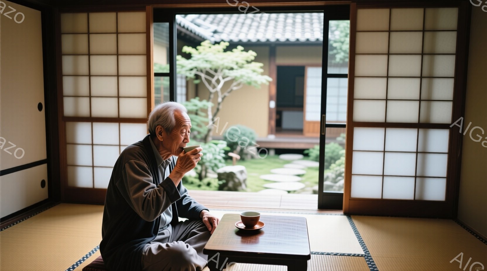 白髪の老人が、正座をして茶碗を手にしている。彼は落ち着いた表情で、窓の外の庭を眺めているようだ。畳の部屋には低いテーブルがあり、庭は石畳の道と緑豊かな木々で構成され、静かで穏やかな雰囲気を醸し出してい - AI生成フリー素材