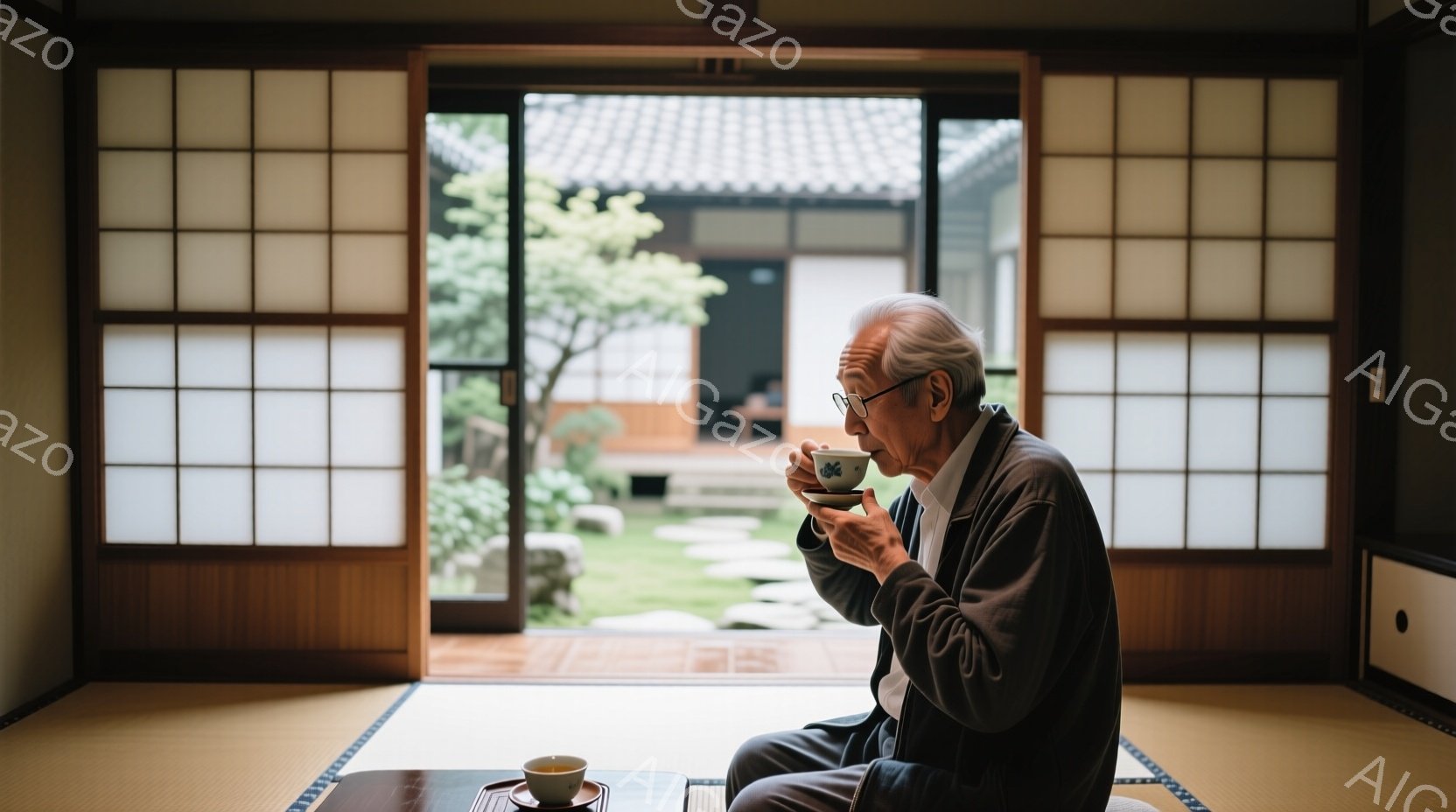 白髪の高齢男性が、畳の上に座り、湯呑みを手に持っています。彼は薄灰色のセーターを着ており、眼鏡をかけて穏やかな表情をしています。背景には、日本庭園のような風景が広がり、緑豊かな木々と石庭が見え、障子を - AI生成フリー素材