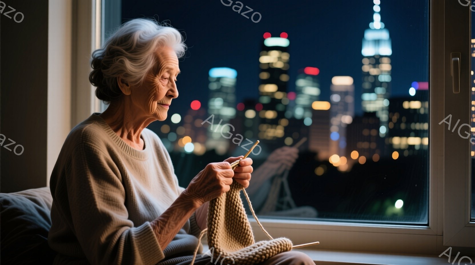 白髪の老婦人が窓辺で編み物をしている。彼女はベージュ色のセーターを着ており、集中した表情で編み棒を操っている。背景には夜景が広がり、高層ビル群が輝いているため、落ち着いた温かい雰囲気が漂う。