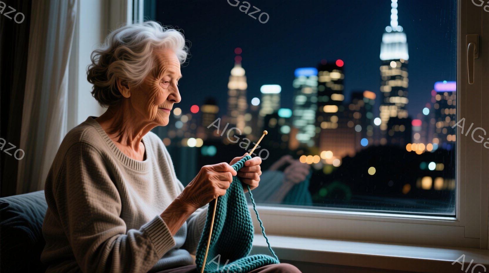 白髪の女性が窓辺で編み物をしている。彼女は薄いグレーのセーターを着ており、穏やかな表情で集中して編み物に没頭している。窓の外には夜景が広がり、高層ビル群が輝いていることから、大都市の夜の風景が窺える。
