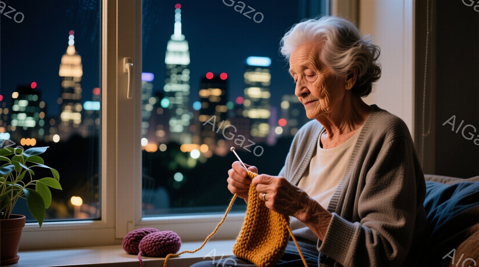 白髪の老婦人が窓辺に座り、編み物をしている。彼女は灰色のカーディガンと白いTシャツを着ており、集中した表情で編み針を動かしている。背景には夜景が広がり、高層ビル群が光り輝いている。