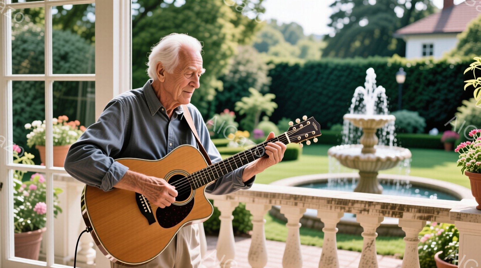 白髪で穏やかな表情をした高齢の男性が、庭のバルコニーでアコースティックギターを演奏している。彼は薄いブルーのシャツにベージュのズボンを着用し、リラックスした姿勢でギターの弦を指で押さえている。背景には - AI生成フリー素材