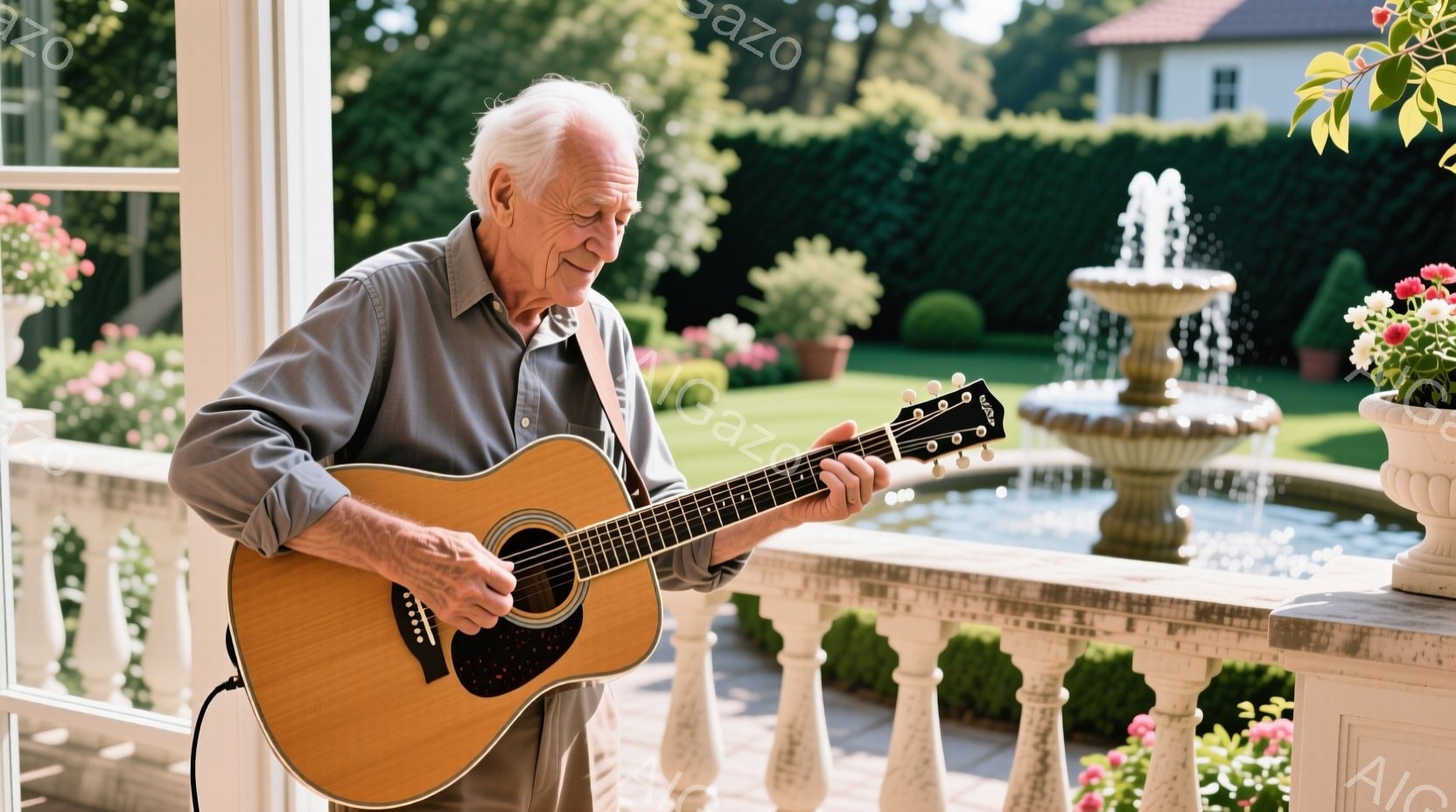 白髪の老紳士が、ベージュ色のギターを演奏している。彼は灰色のシャツを着ており、リラックスした表情で弦を弾いている。背景には、緑豊かな庭園と噴水があり、晴天の下、穏やかな雰囲気が漂っている。 - AI生成フリー素材