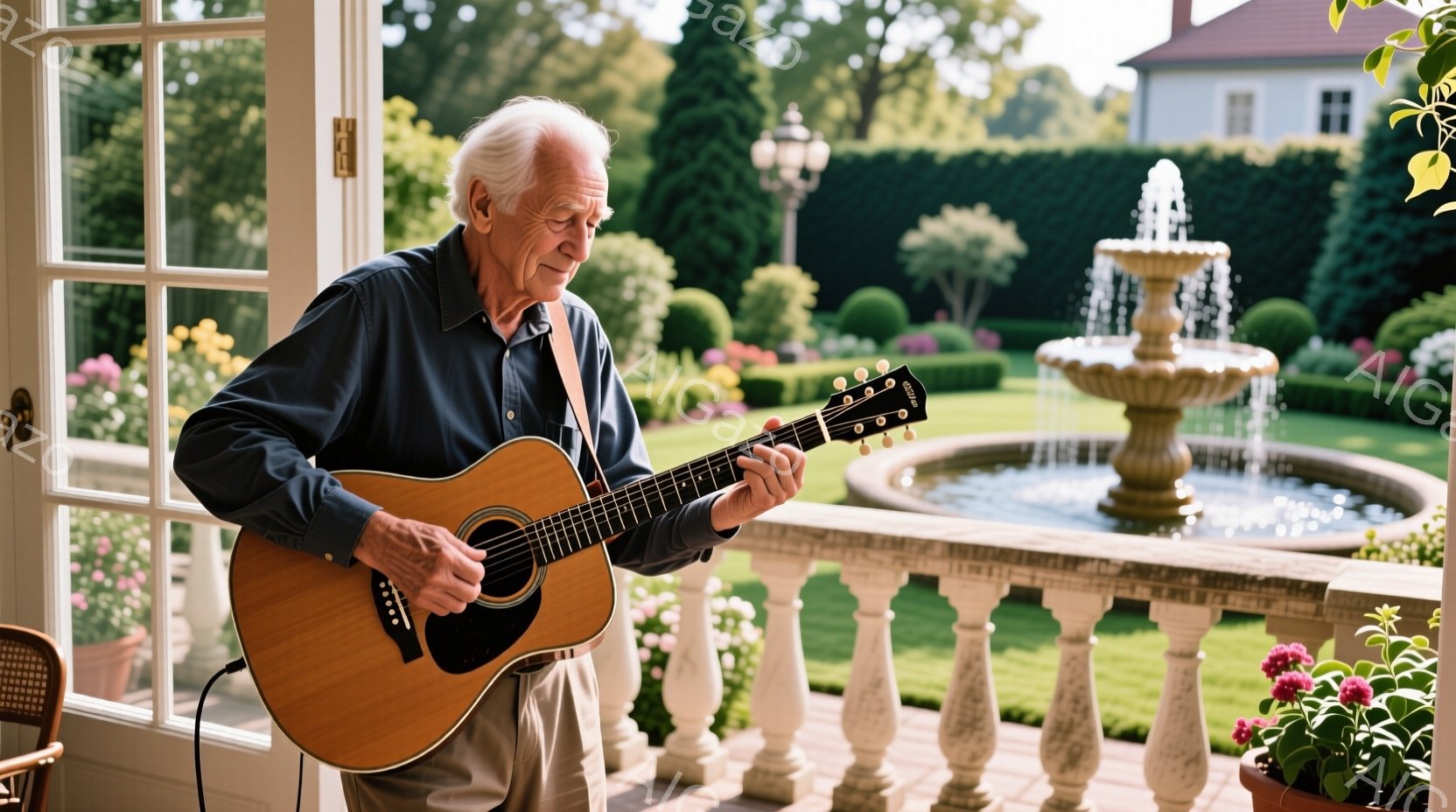 白髪でしわがれた顔立ちの老人が、庭のテラスでアコースティックギターを演奏している。彼は濃い青のシャツにベージュ色のズボンを身に着け、少し前かがみの姿勢でギターに集中している。背景には美しい庭園が広がり、中央には噴水があり、天候は晴れで穏やかな雰囲気である。