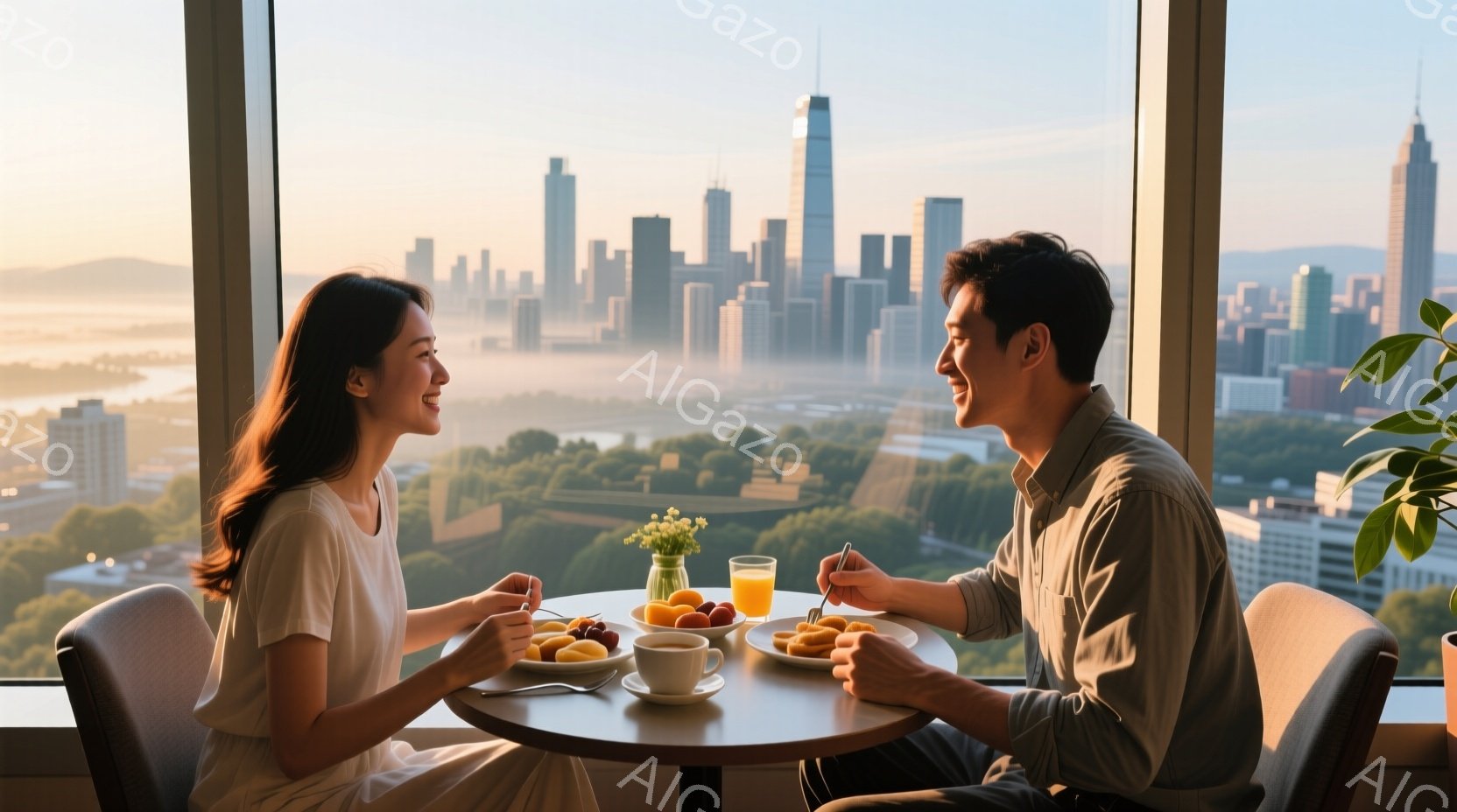 高層ビルの窓辺で、若い男女が朝食をとっています。女性は白いトップスを着ており、長い髪は後ろに流されています。男性はシャツを着ており、二人とも微笑んでおり、リラックスした雰囲気です。 - AI生成フリー素材