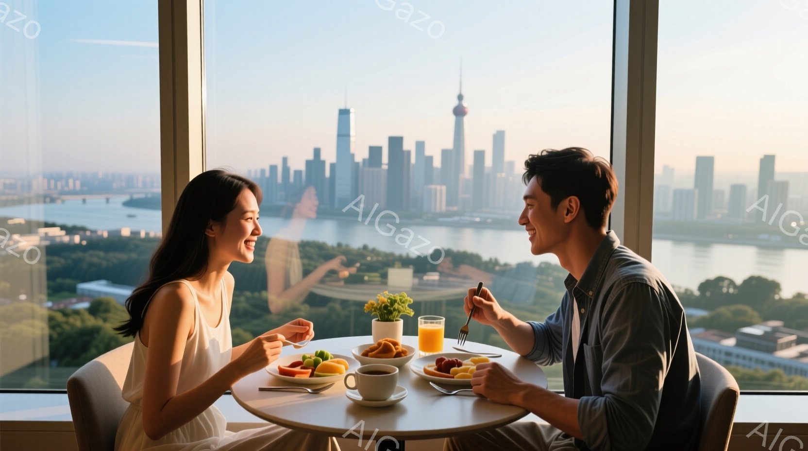 若い女性と男性が、大きな窓から見える街並みを背景に、円卓を挟んで朝食をとっています。女性は白いワンピースを着ており、髪は後ろでまとめています。男性は薄い青色のシャツを着ており、リラックスした表情でフォークを使って食事を楽しんでいます。