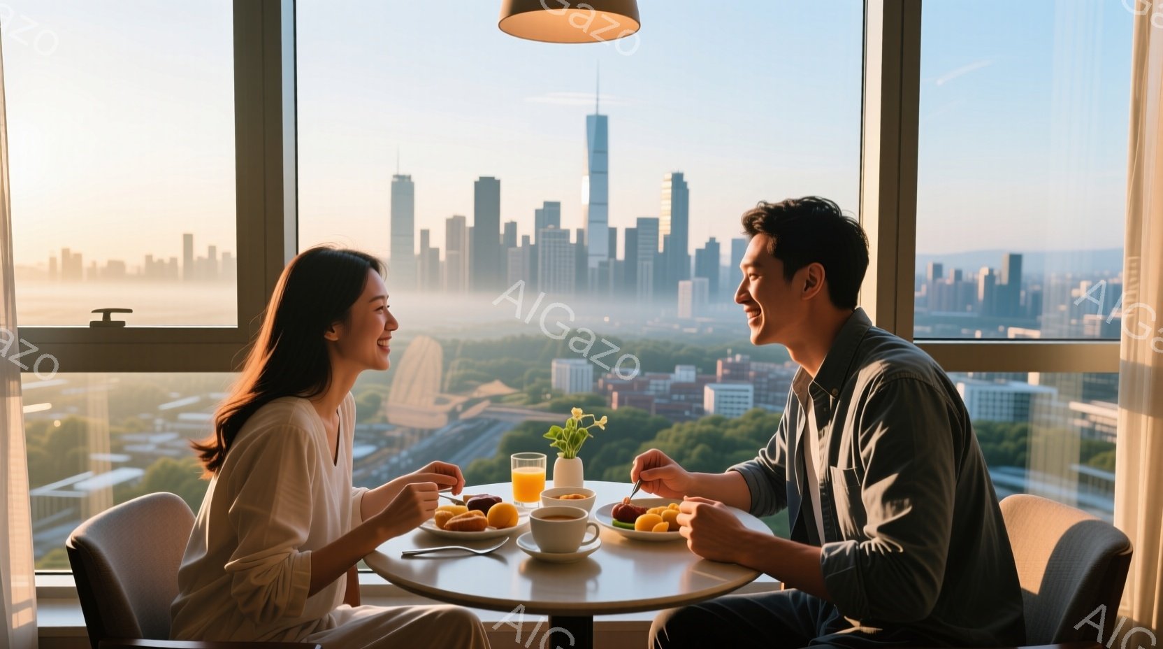 若い男女が窓際の円卓で朝食をとっています。女性は明るい色のブラウスを着ており、長い髪は後ろに流されています。男性は濃い色のシャツを着ており、穏やかな笑顔で女性を見つめています。背景には、霧のかかった都市のスカイラインが広がり、朝の穏やかな光が差し込んでいます。