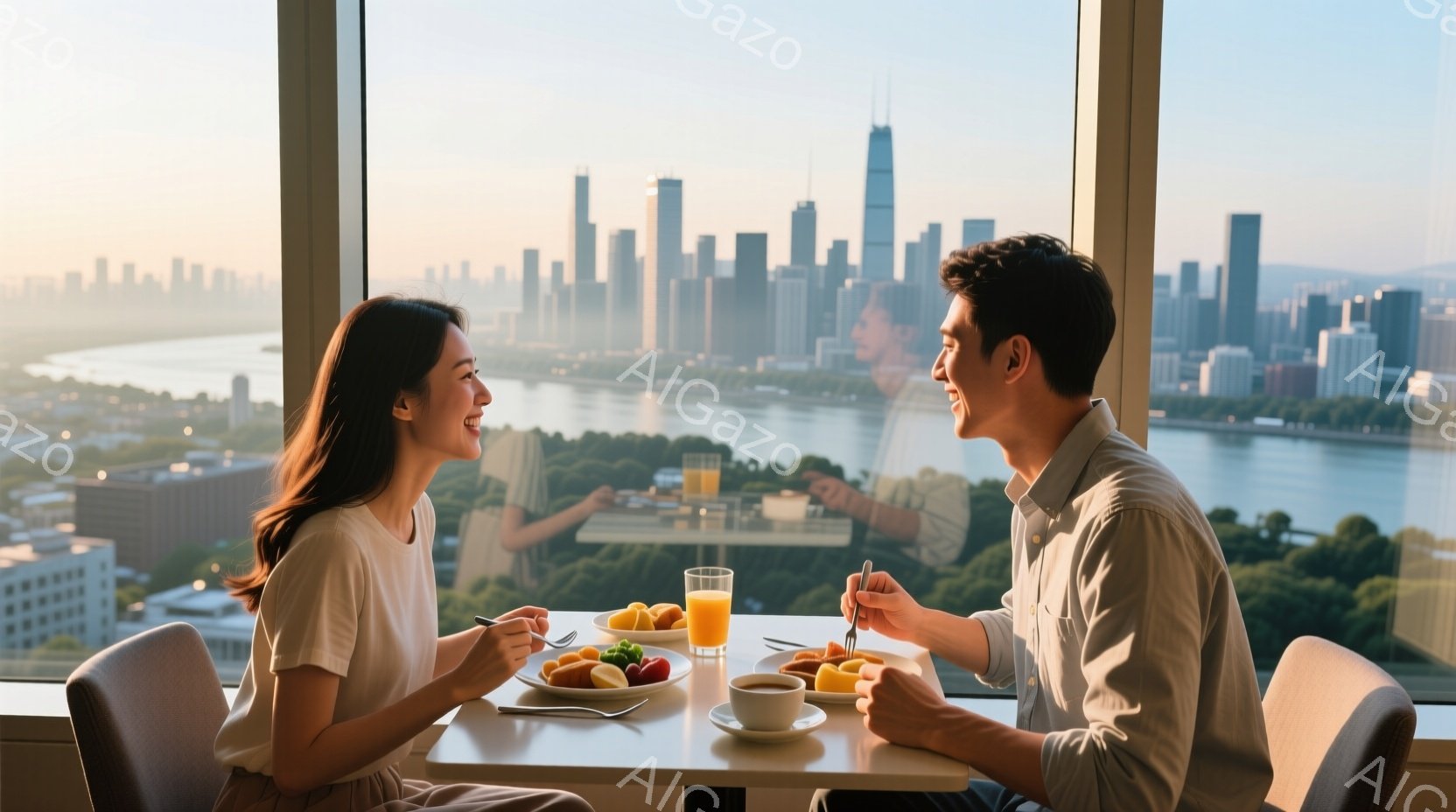 若い女性と男性が、高層階のレストランで向かい合って朝食をとっています。女性は白いトップスを着ており、髪は肩まで伸びたストレートヘアで、笑顔で男性を見ています。背景には、川と高層ビル群が広がり、天候は晴れで、全体的に明るく穏やかな雰囲気です。