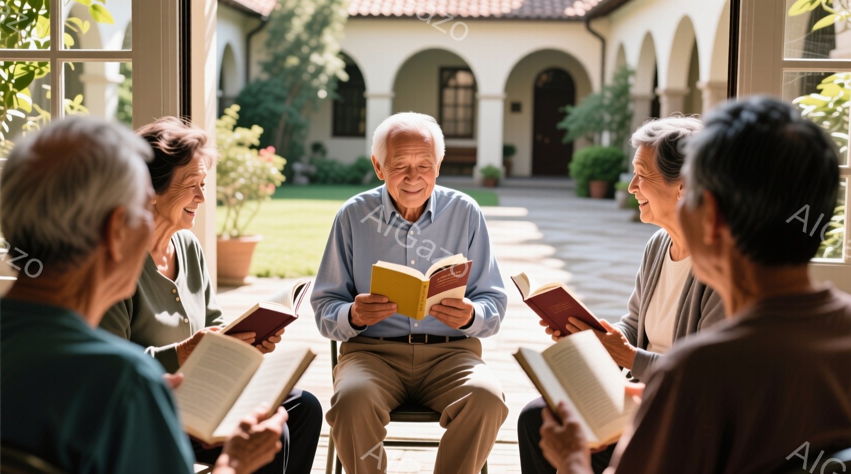 庭に面した中庭で、高齢の男女5人が椅子に座り、本を読んでいます。彼らはカジュアルな服装で、笑顔でリラックスした様子です。背景には石造りの建物と緑豊かな植物が見え、晴れた日の穏やかな雰囲気が漂っています - AI生成フリー素材