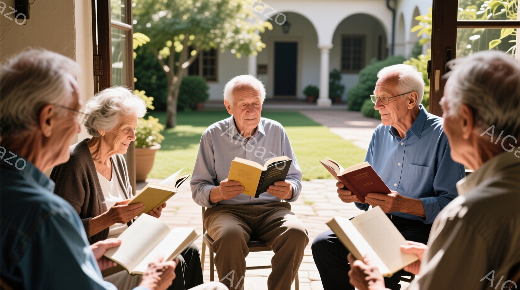 年配の男女が円形に座り、本を読んでいます。女性は薄茶色のカーディガンを着ており、男性はそれぞれ青いシャツとベージュ色のズボンを着用しています。背景には石畳のパティオ、緑豊かな庭園、そしてアーチ型の入り口を持つ建物が見え、晴れた日の穏やかな雰囲気です。