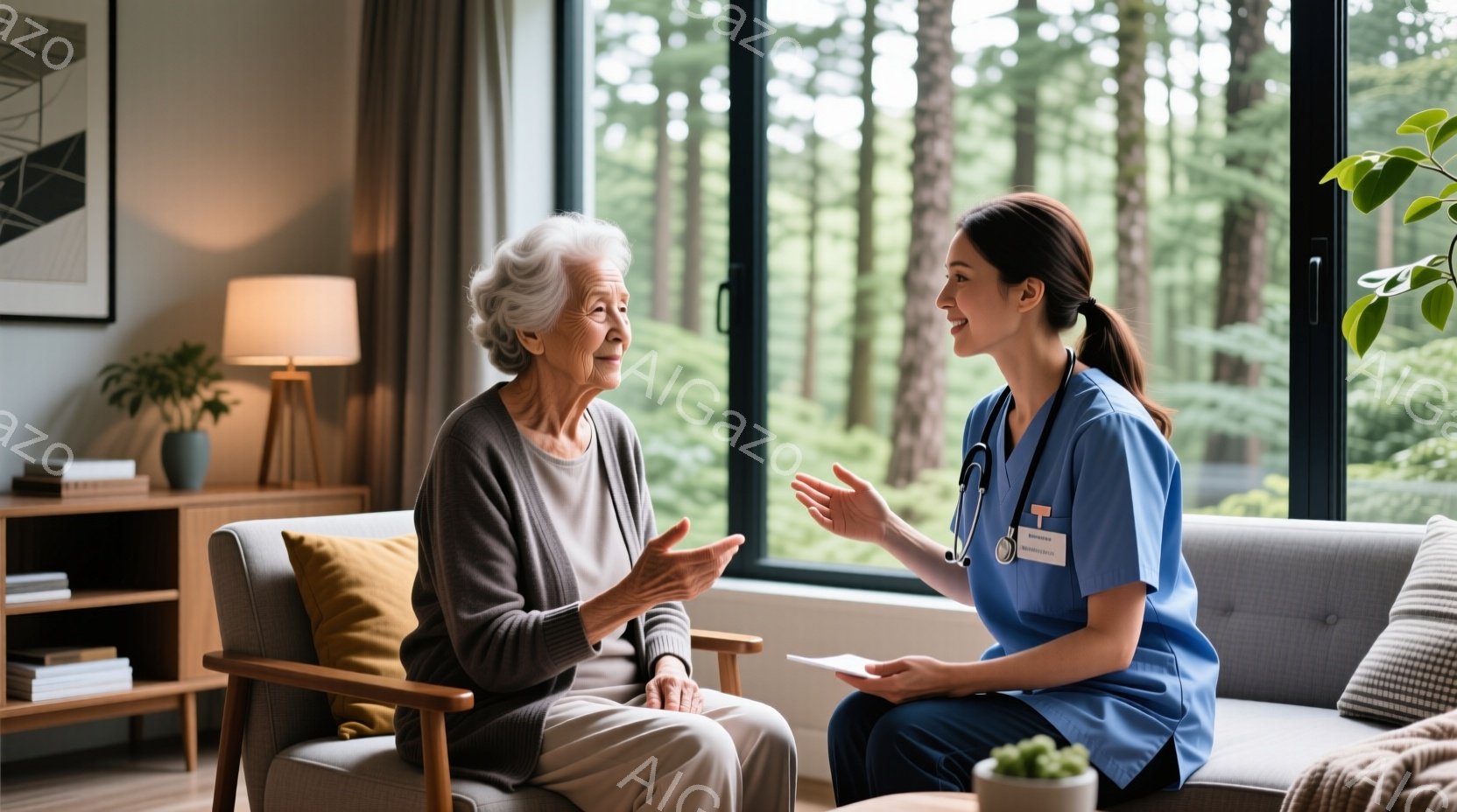 白髪の老婦人がアームチェアに座り、何かを話している様子で、右手を広げて身振り手振りを交えている。彼女の対面には、ターコイズブルーのスクラブと白衣を着た若い女性が座っており、メモ帳を手に何かを説明しているようだ。背景には大きな窓があり、緑豊かな森が見え、室内は暖かく穏やかな雰囲気である。