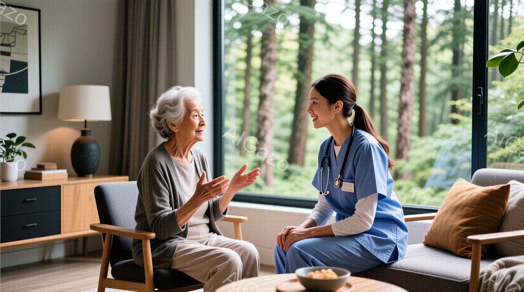 白髪の高齢女性が、椅子に座って何かを説明している様子で、片手を広げながら表情豊かに話しています。対面には、医療従事者と思われる若い女性が青いスクラブを着て、笑顔で女性の話に耳を傾けています。背景には窓から緑豊かな森が見え、部屋は暖かく落ち着いた雰囲気で、テーブルの上には果物が置かれています。
