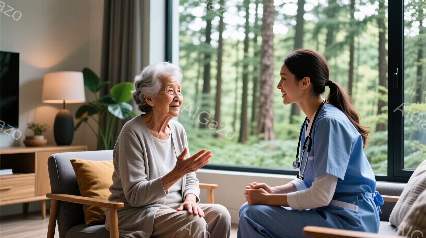 白髪の女性が椅子に座り、何かを説明するように手を広げています。彼女はグレーのセーターを着ており、穏やかな表情を浮かべています。背景には大きな窓があり、緑豊かな森が見え、室内は明るく温かい雰囲気です。 - AI生成フリー素材