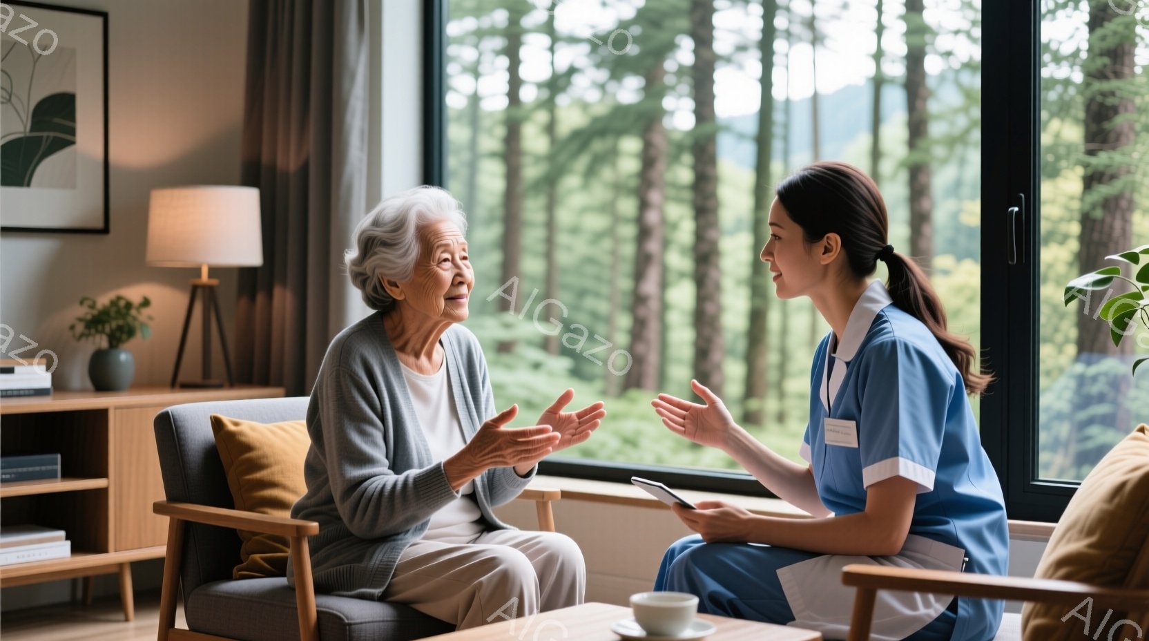 白髪の高齢女性が、明るいグレーのセーターとベージュのパンツ姿で椅子に座り、両手を広げて何かを説明している様子です。対面には、青い制服を着た若い女性がタブレット端末を見ながら、彼女の話に耳を傾けています。背景には大きな窓と緑豊かな森林が見え、部屋は暖かく穏やかな雰囲気を醸し出しています。