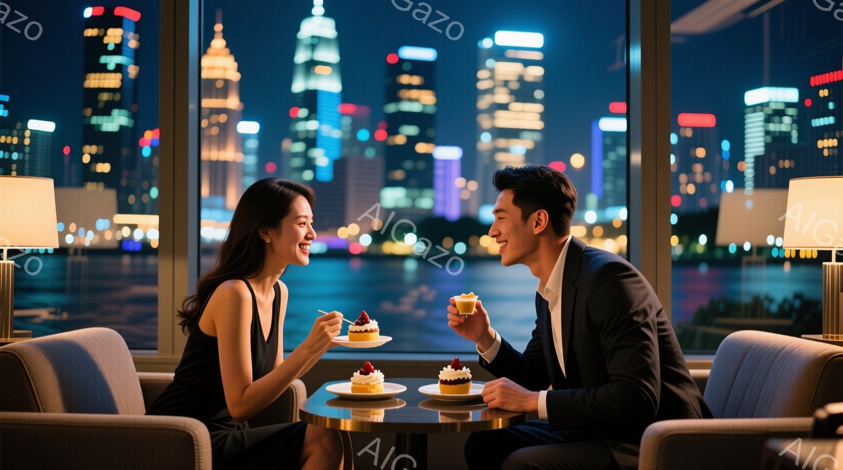 鮮やかな夜景を背景に、美しい女性と男性が円卓を挟んで向き合って座っています。女性は黒いドレスを着ており、髪は後ろで上品にまとめられています。男性は黒いスーツを着用し、温かい笑顔を浮かべながらケーキを手にしています。