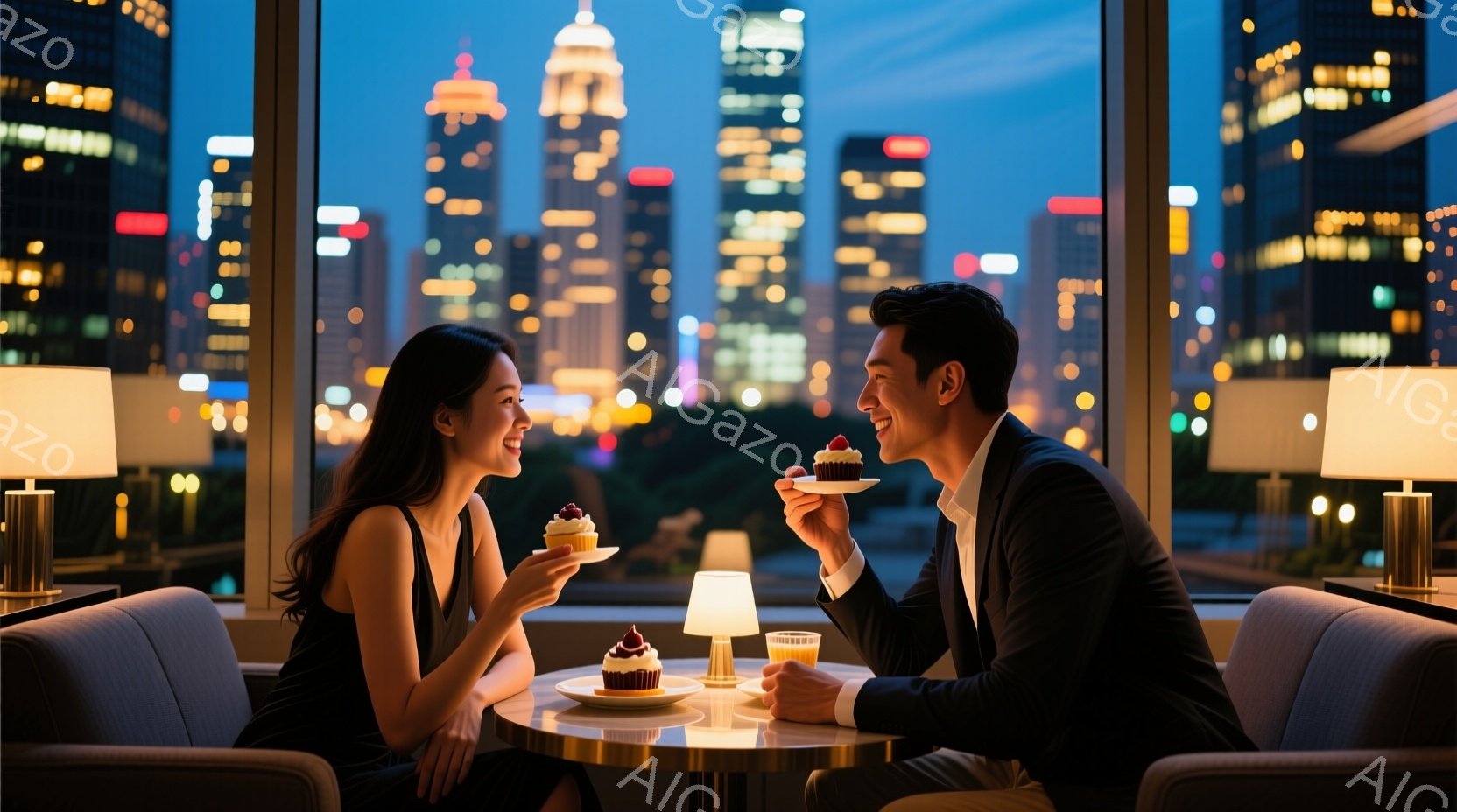都会の夜景を背景に、一対の男女が円卓を挟んで向き合っている。女性は黒いドレスを着ており、髪は肩まで伸びており、微笑みながらケーキを持っている。男性はダークスーツを着ており、同じようにケーキを持ちながら、女性を見つめている様子から、親密な雰囲気とロマンチックなデートであることがうかがえる。