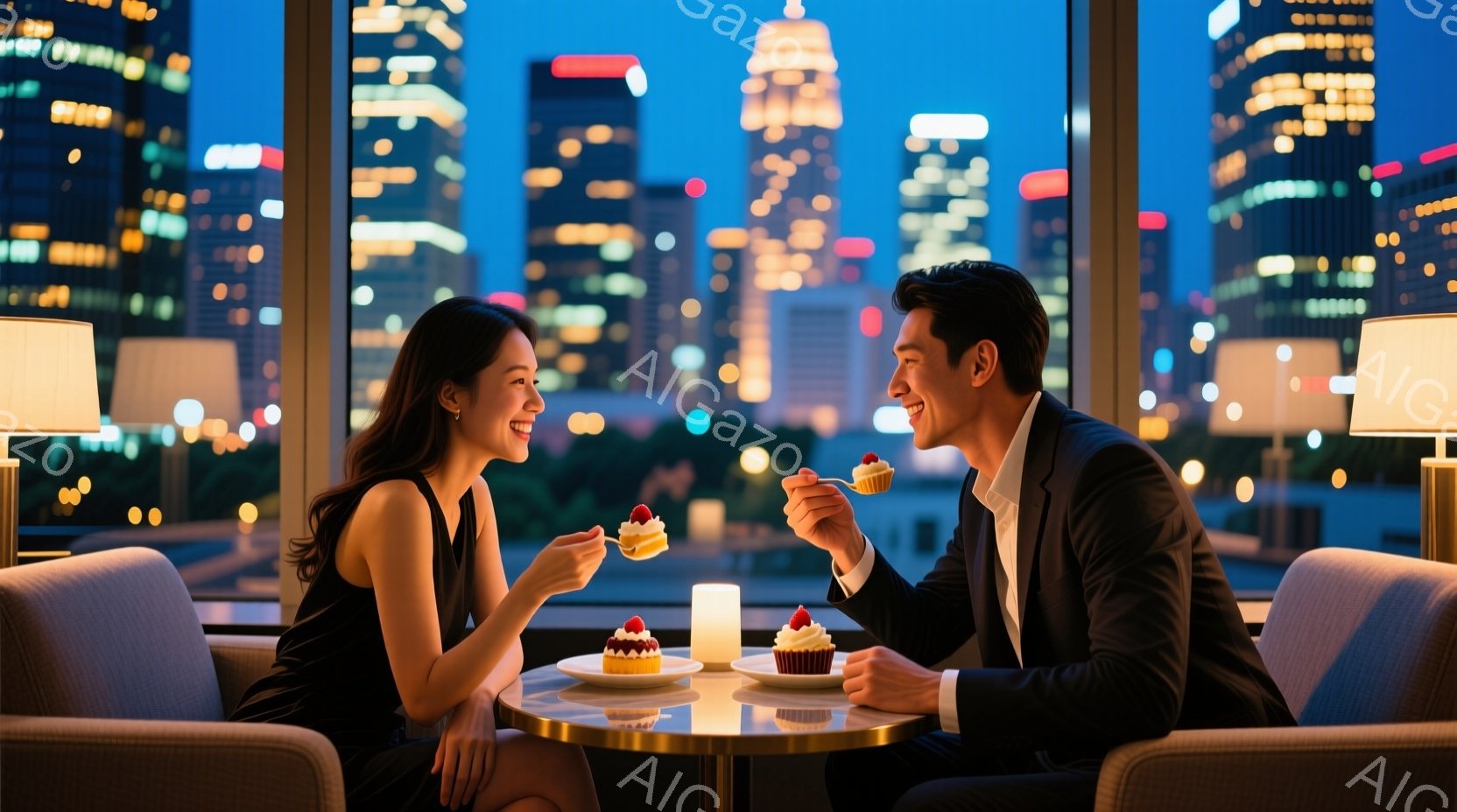 華やかな夜景を背景に、一対の男女が円卓で向き合って座っている。女性は黒いドレスを着て髪を後ろでまとめ、微笑みながらケーキをフォークでつまんでいる。男性はスーツ姿で、女性を見つめながら同じようにケーキを口に運んでいる様子は、ロマンチックで上品な雰囲気を感じさせる。