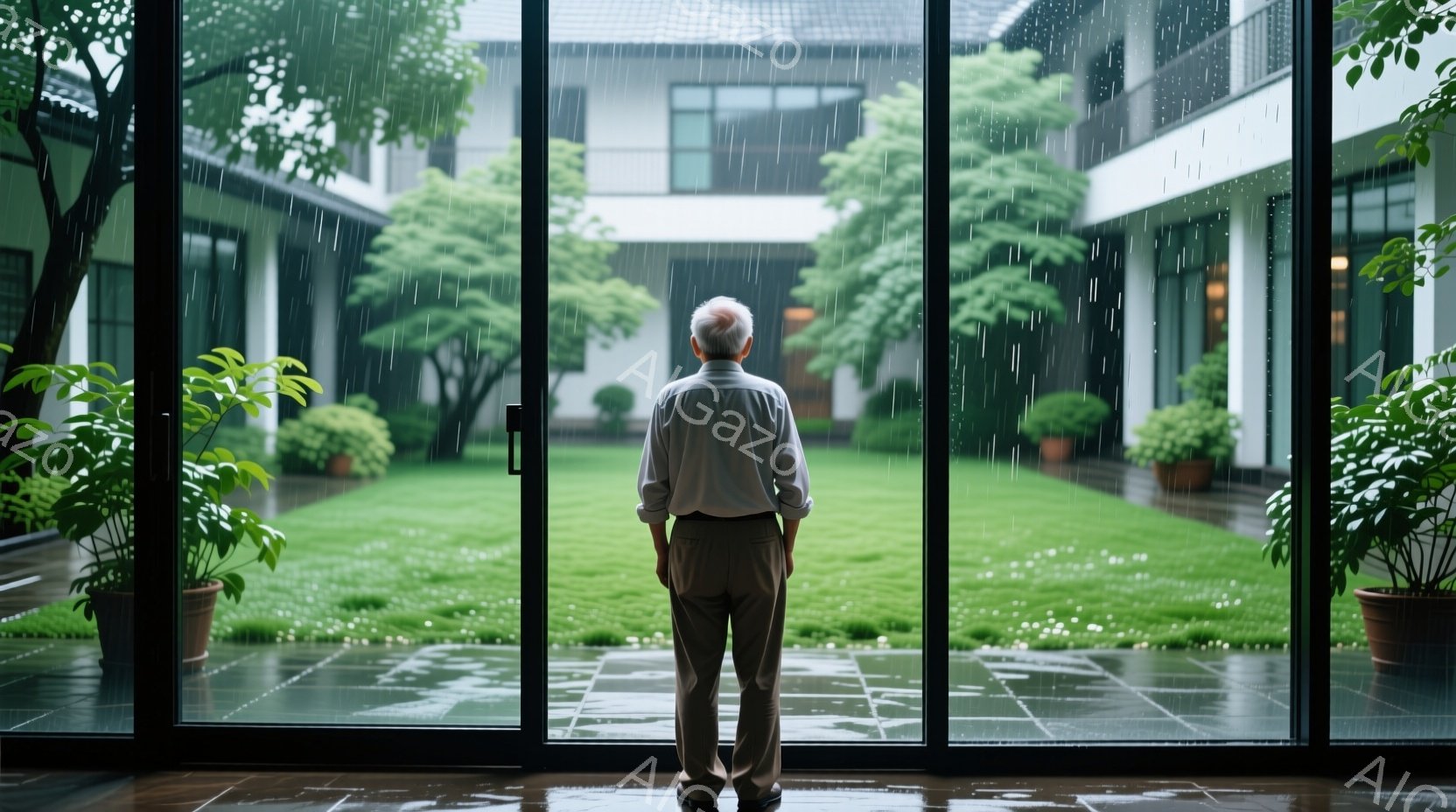 白髪の男性が、大きなガラス窓から庭を見つめている。彼は薄い青色のシャツとベージュ色のズボンを着用し、後ろ姿からは穏やかで物思いにふける様子がうかがえる。庭は雨に濡れ、緑豊かな草木と白い花々が咲き乱れ、 - AI生成フリー素材