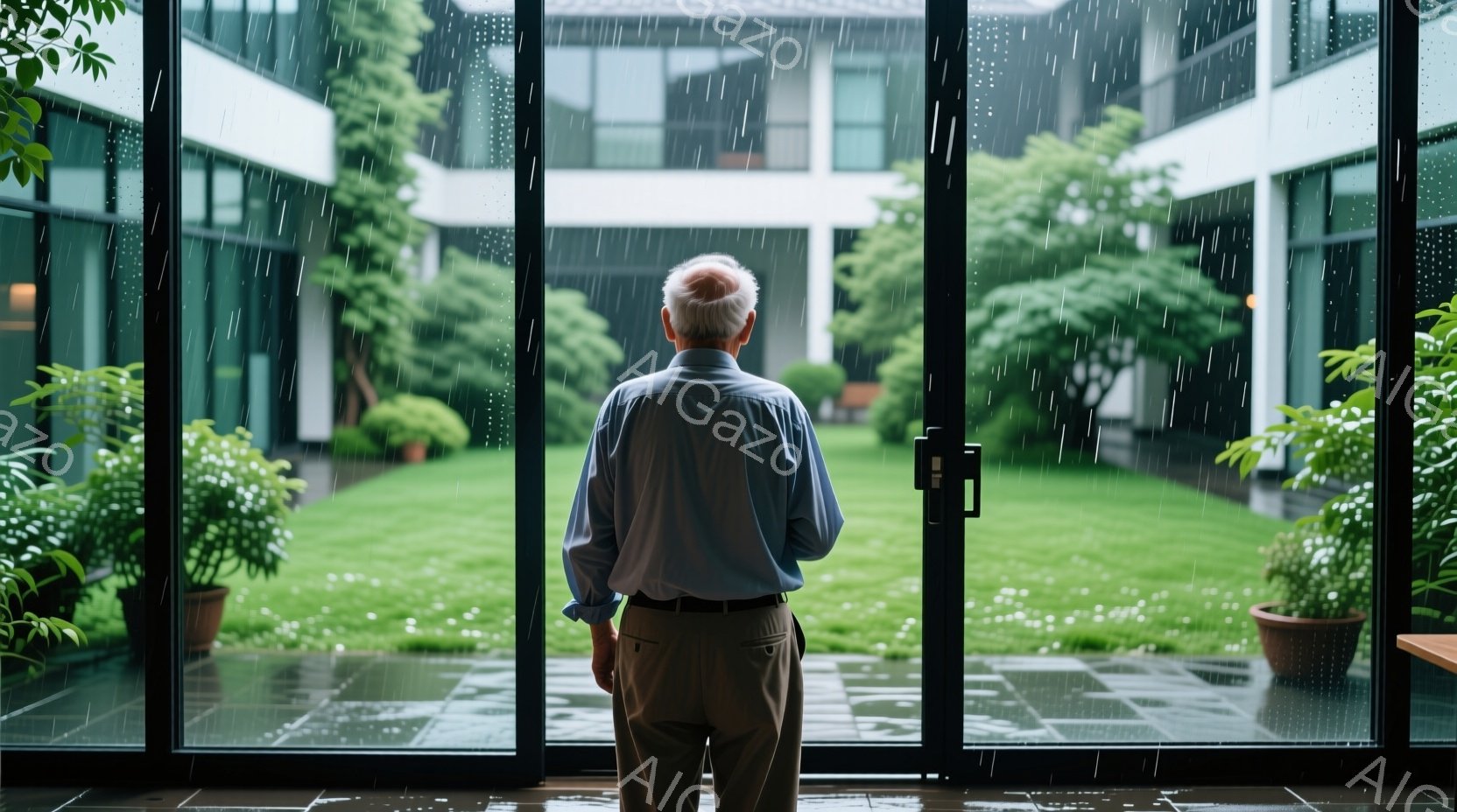 白髪の男性が、大きなガラス窓から雨の降る庭を見下ろしている。彼は水色のシャツとベージュ色のズボンを身につけ、背中をこちらに向けて立っており、少しうつむき加減である。庭は緑豊かで、建物に囲まれ、雨が激しく降り注いでいるため、静かで物憂げな雰囲気が漂っている。