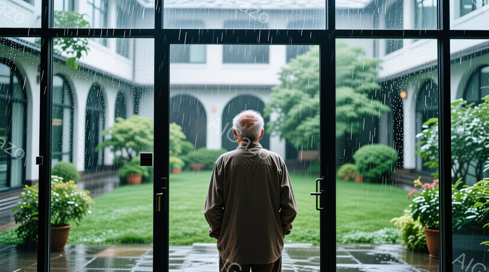 白髪の男性が背中を向けて、大きなガラス窓から緑豊かな中庭を見つめている。彼は茶色のシャツとズボンを身に着け、少しうつむき加減で静かに佇んでいる。中庭は雨に濡れており、緑の芝生と植物が雨に打たれ、全体的に静かで瞑想的な雰囲気が漂っている。