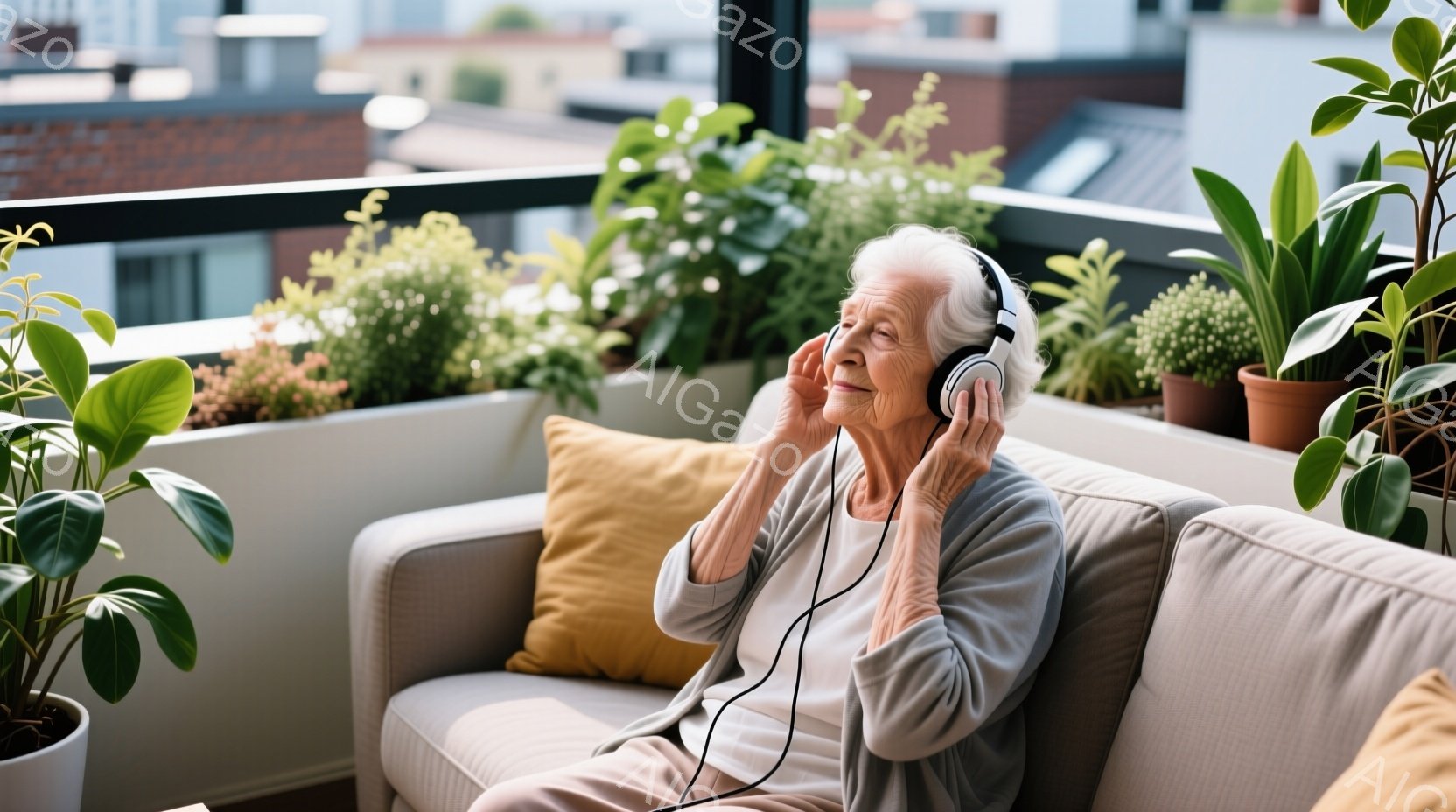 白髪の老婦人が、明るいグレーのソファに座り、ヘッドホンをつけて目を閉じて音楽を聴いています。彼女は薄いグレーのカーディガンを着ており、穏やかな表情を浮かべています。背景には緑豊かな植物と、ぼやけた都市 - AI生成フリー素材