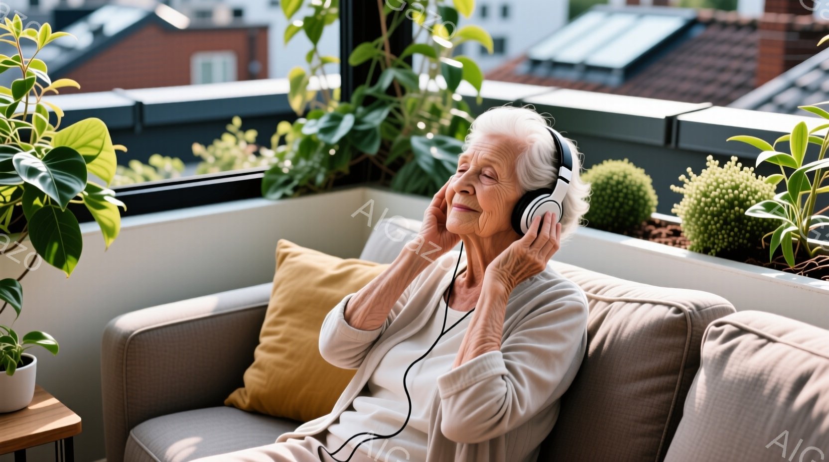白髪の老婦人が、アームチェアに深く腰掛け、目を閉じて音楽を聴いています。彼女はベージュ色のシャツを着ており、顔には穏やかな微笑みが浮かんでいます。背景には緑豊かな植物と、遠くに見える建物があり、晴れた日のリラックスした雰囲気を醸し出しています。