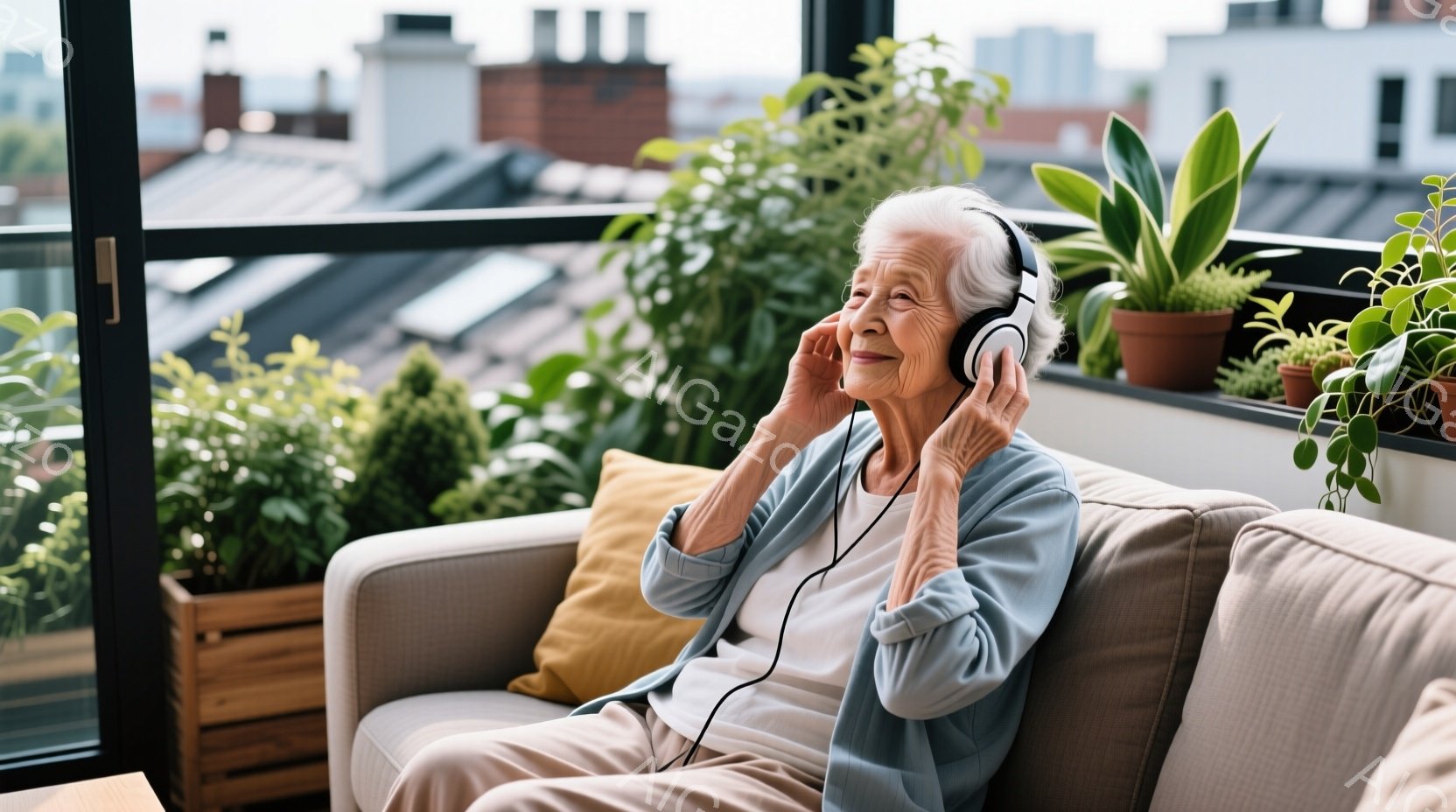 白髪で少ししわがれたおばあちゃんが、ベージュ色のソファに座って目を閉じ、ヘッドホンで音楽を楽しんでいる。彼女は水色のシャツを着ており、穏やかで幸福そうな表情をしている。背景には緑豊かな植物と建物の屋根 - AI生成フリー素材