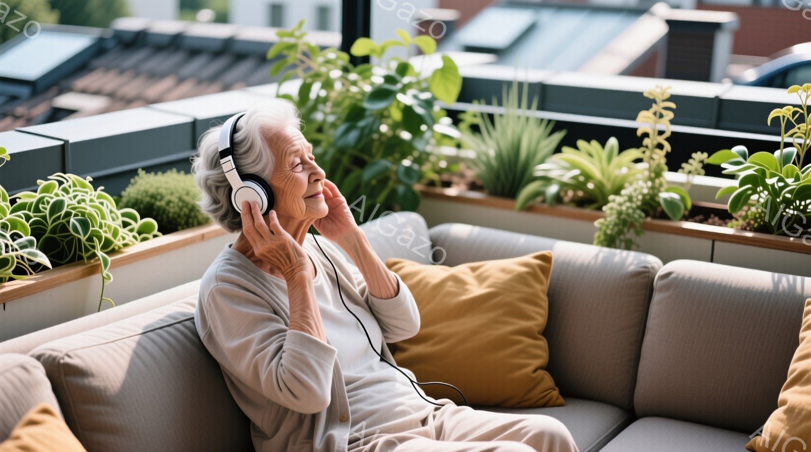 白髪の老婦人が、屋外のソファに座ってヘッドホンで音楽を聴いています。彼女はベージュ色の服装で、穏やかな表情を浮かべて目を閉じており、リラックスした様子が伺えます。背景には緑豊かな植物や建物が見え、晴れた日の穏やかな雰囲気を醸し出しています。