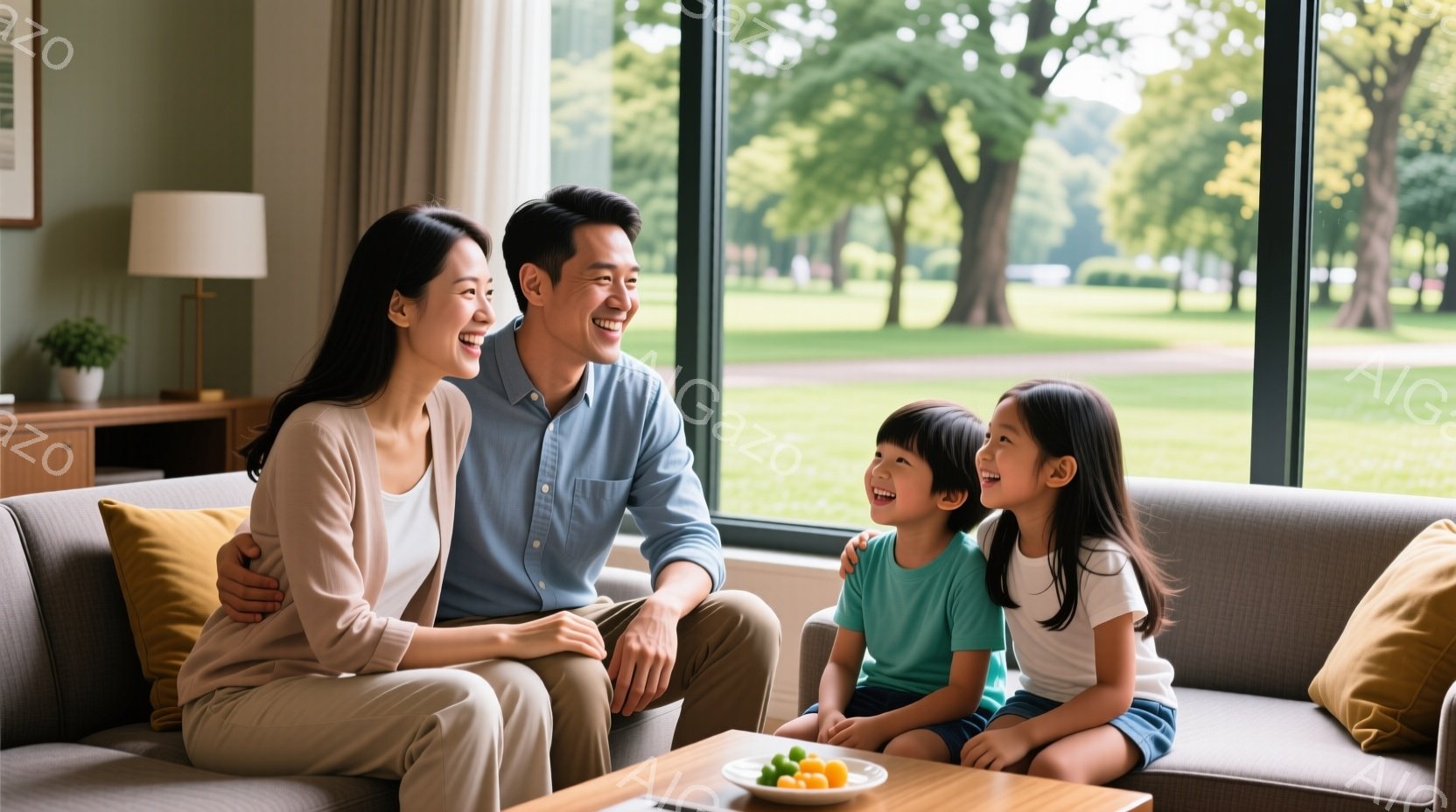 暖炉のあるリビングルームで、両親と二人の娘がソファに座って笑顔で何かを見ている様子が写っている。母親はベージュのニットとパンツ、父親は青いシャツ、娘たちはそれぞれ緑と白のカジュアルな服装で、皆リラック - AI生成フリー素材