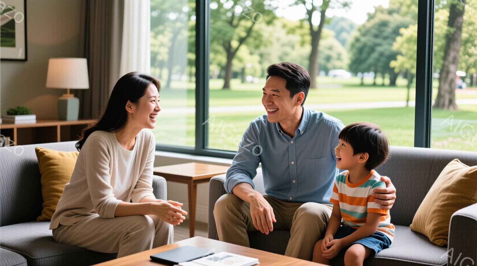 暖炉のあるリビングルームで、母親と父親が息子と向かい合って座っています。母親はベージュの服を着て髪を後ろに流し、笑顔で息子を見つめています。父親は青いシャツを着ており、息子の肩に腕を回し、楽しそうに話 - AI生成フリー素材