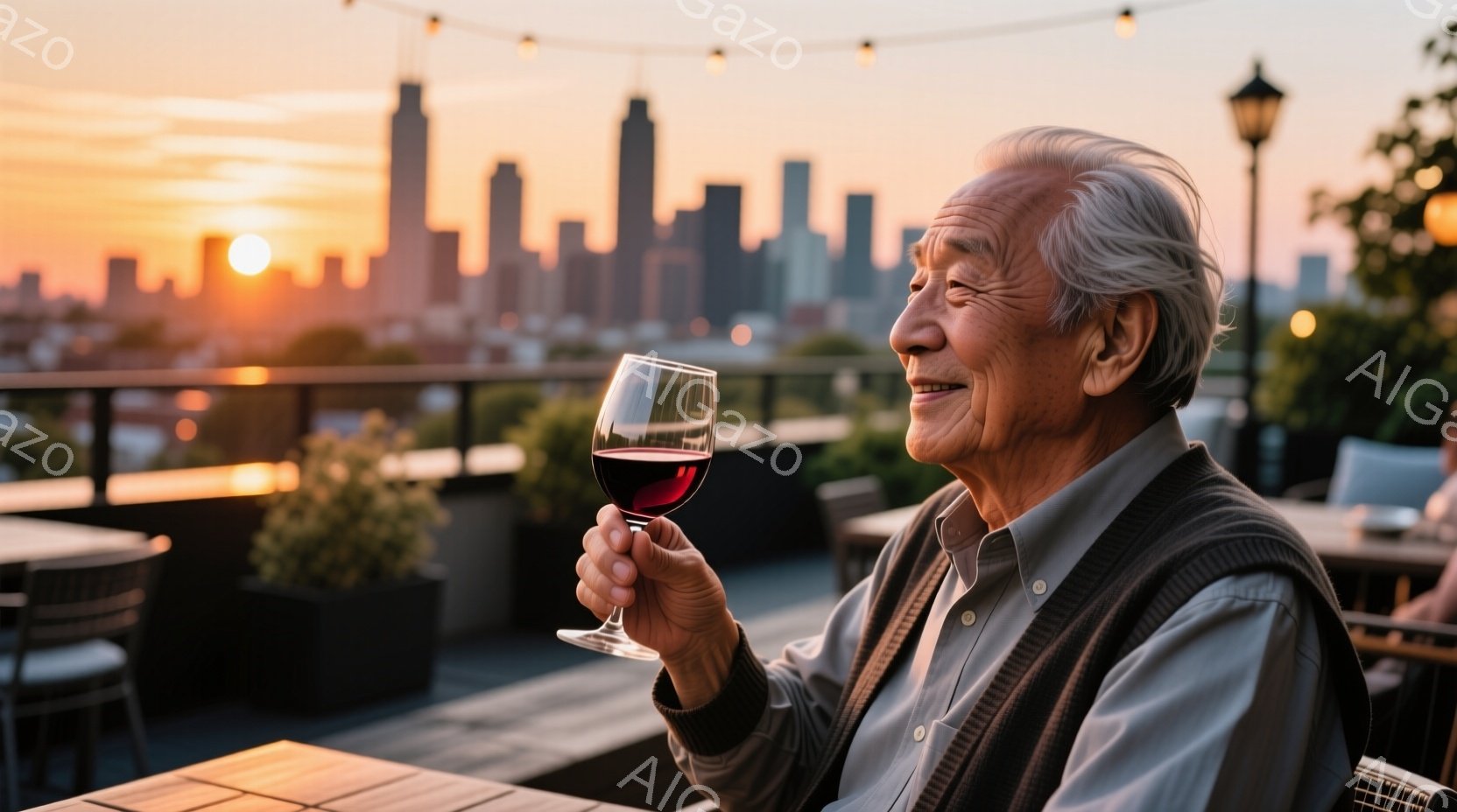 白髪の男性がワイングラスを手に、夕暮れ時の都市の景色を眺めている。彼は薄い茶色のセーターベストとベージュのシャツを着ており、穏やかな笑顔を浮かべている。背景には高層ビル群が夕日に照らされ、遠くには水面 - AI生成フリー素材