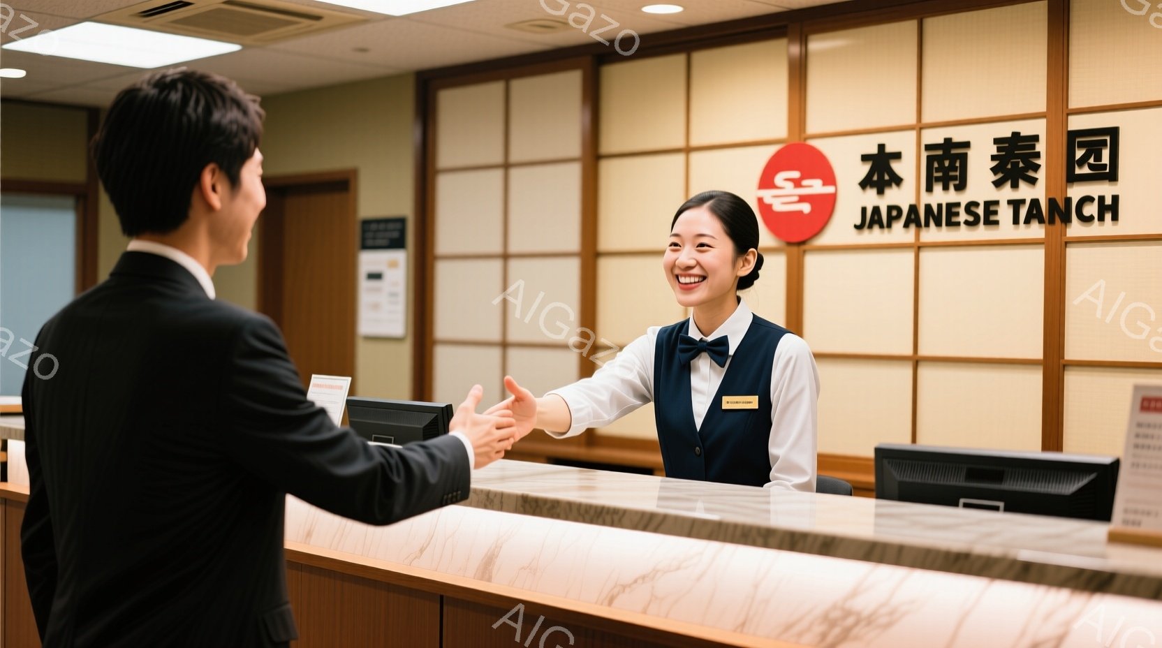 スーツを着た男性が、受付カウンター越しに笑顔の女性と握手しています。女性はベージュ色のベストと白いブラウスを着ており、明るい表情で対応しています。背景は落ち着いたトーンの壁で、受付カウンターにはコンピ - AI生成フリー素材